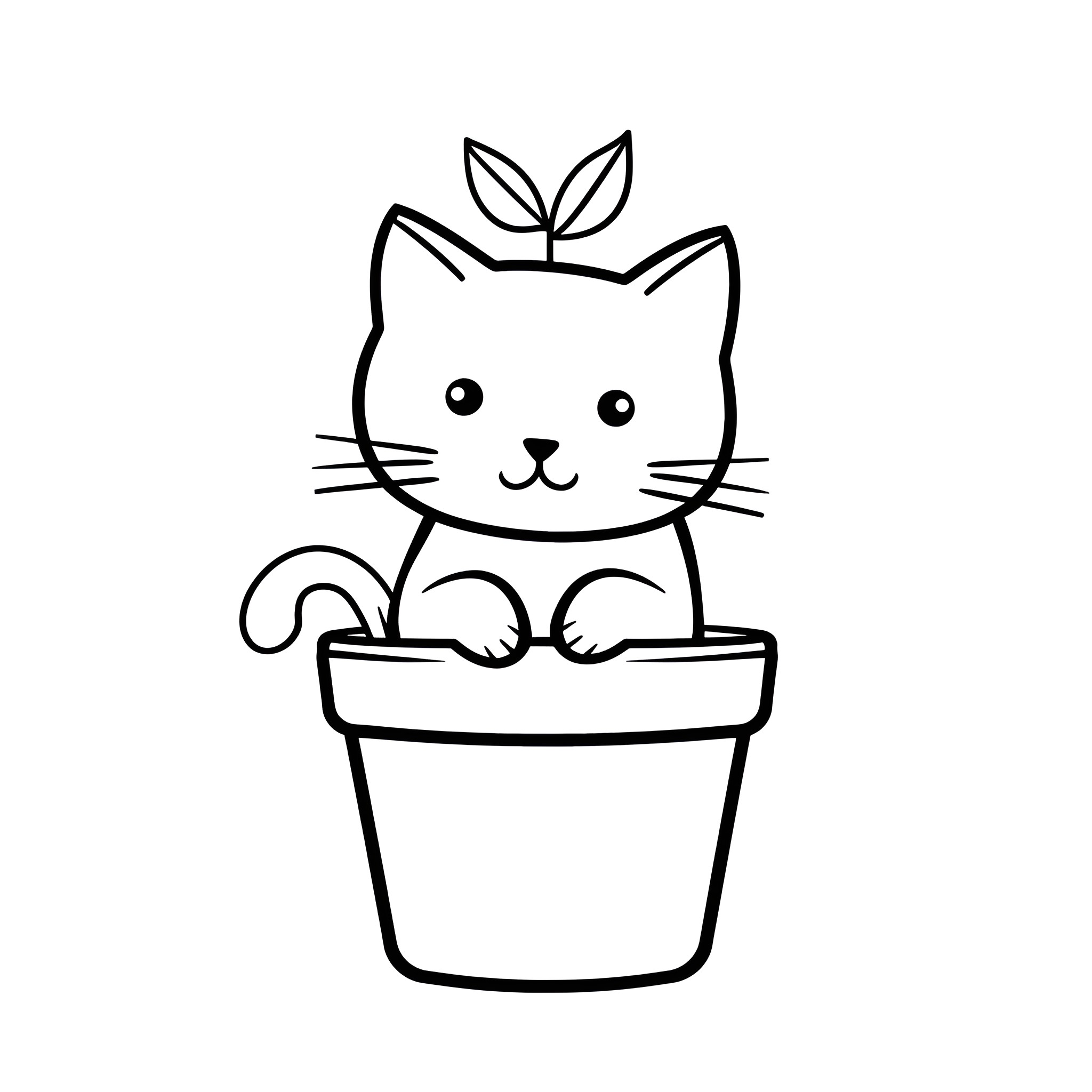 Easy Cat Potted Plant Expressions Drawing Idea (free black-and-white line drawing printable PDF for all, from beginners to advanced learners, including children, teens, adults, and seniors)