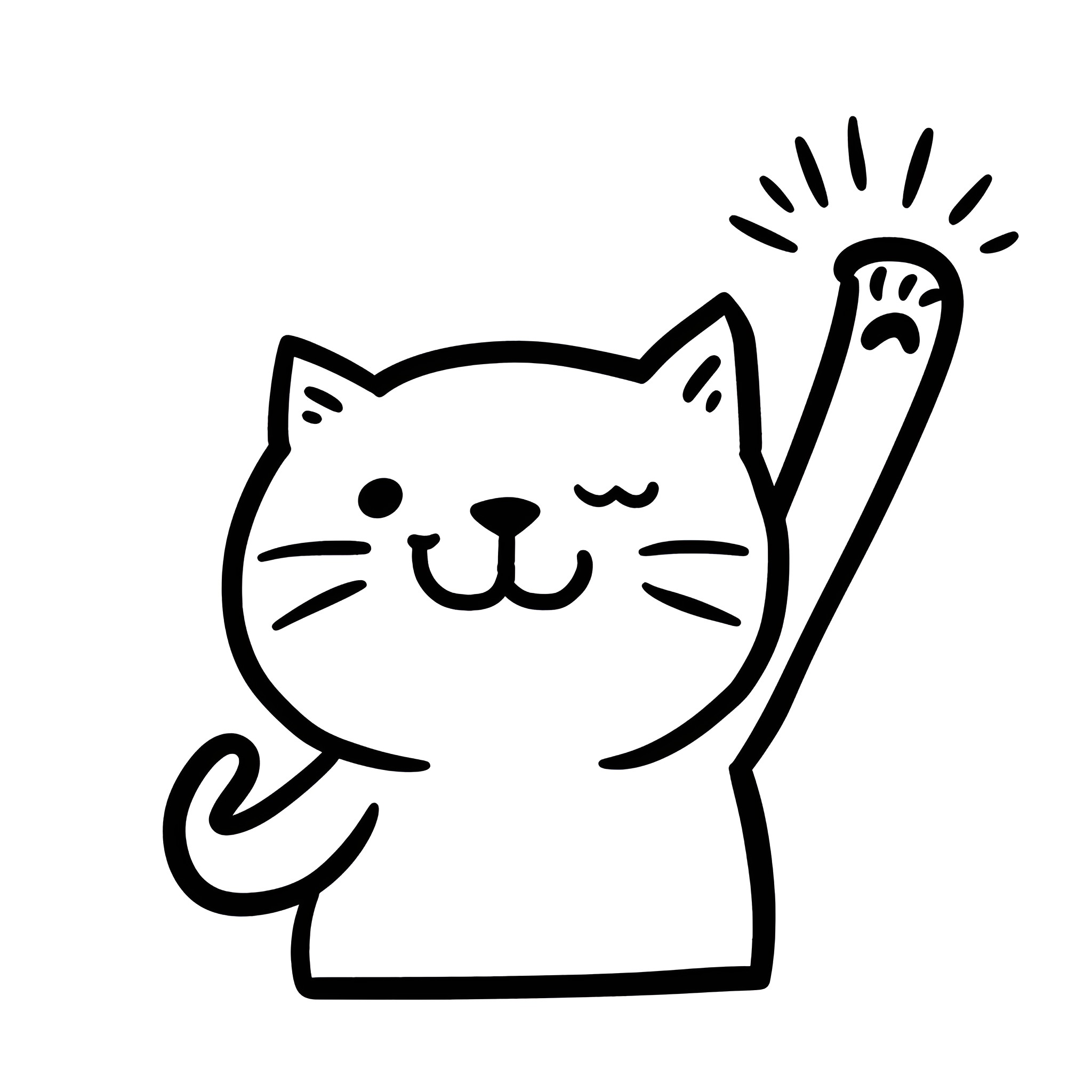 Easy Cat Waving Paw with Star Drawing Idea (free black-and-white line drawing printable PDF for all, from beginners to advanced learners, including children, teens, adults, and seniors)