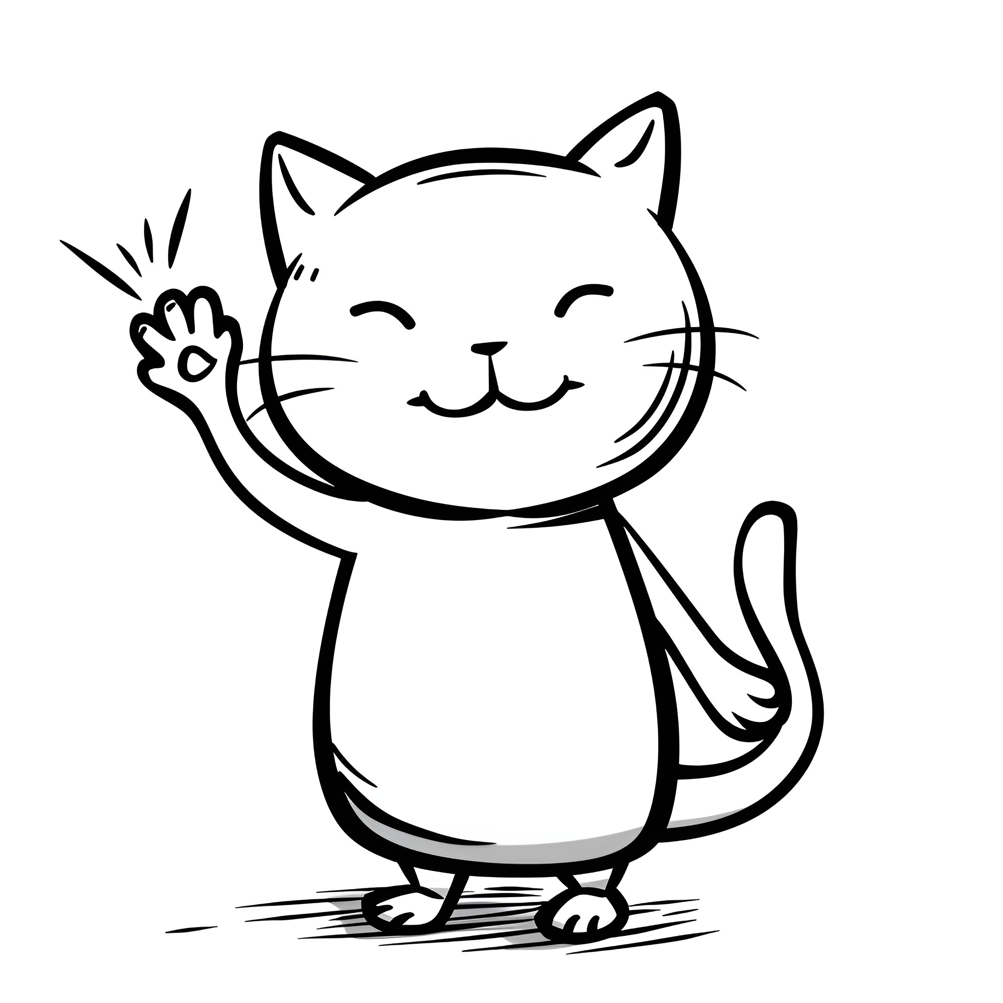 Easy Cat Waving Paw Happily Drawing Idea (free black-and-white line drawing printable PDF for all, from beginners to advanced learners, including children, teens, adults, and seniors)