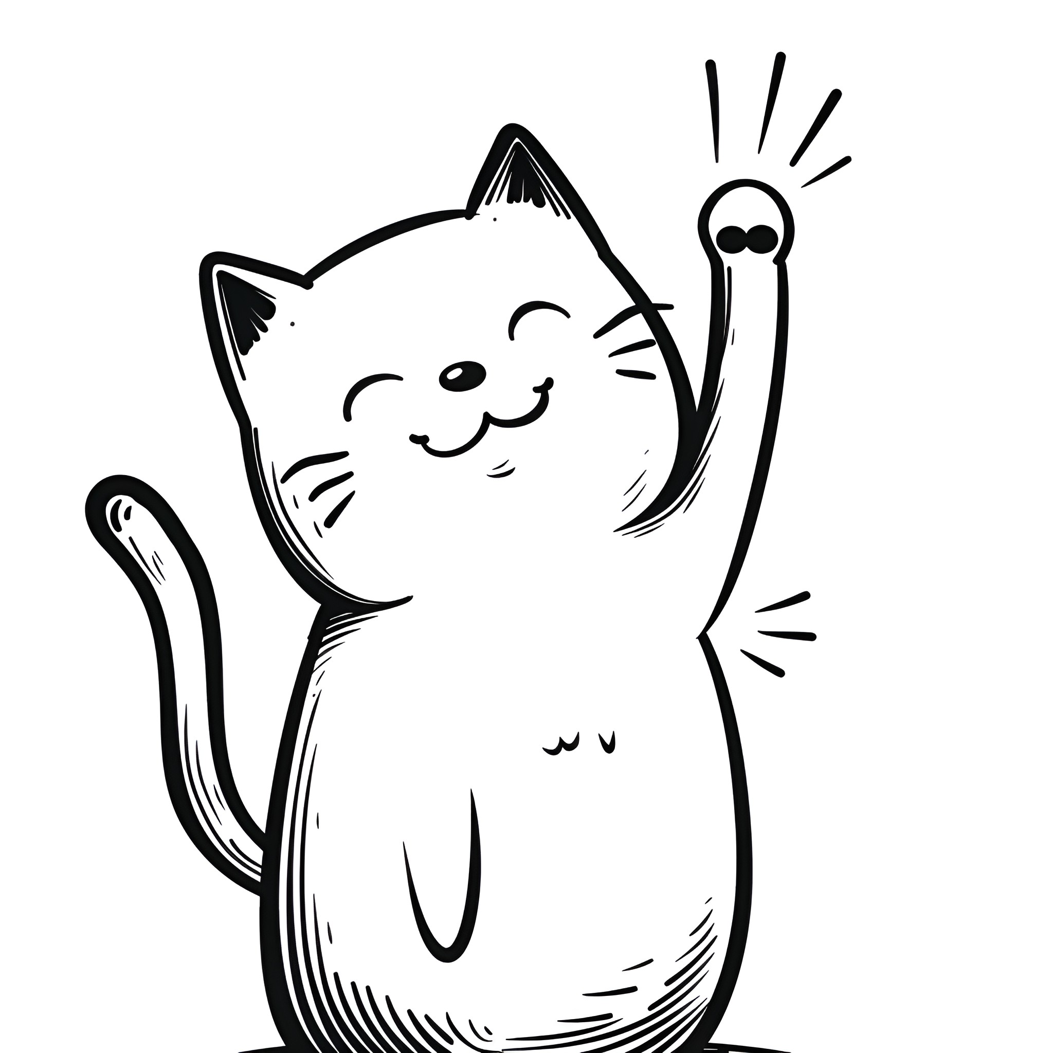 Easy Cat Waving Happily Drawing Idea (free black-and-white line drawing printable PDF for all, from beginners to advanced learners, including children, teens, adults, and seniors)