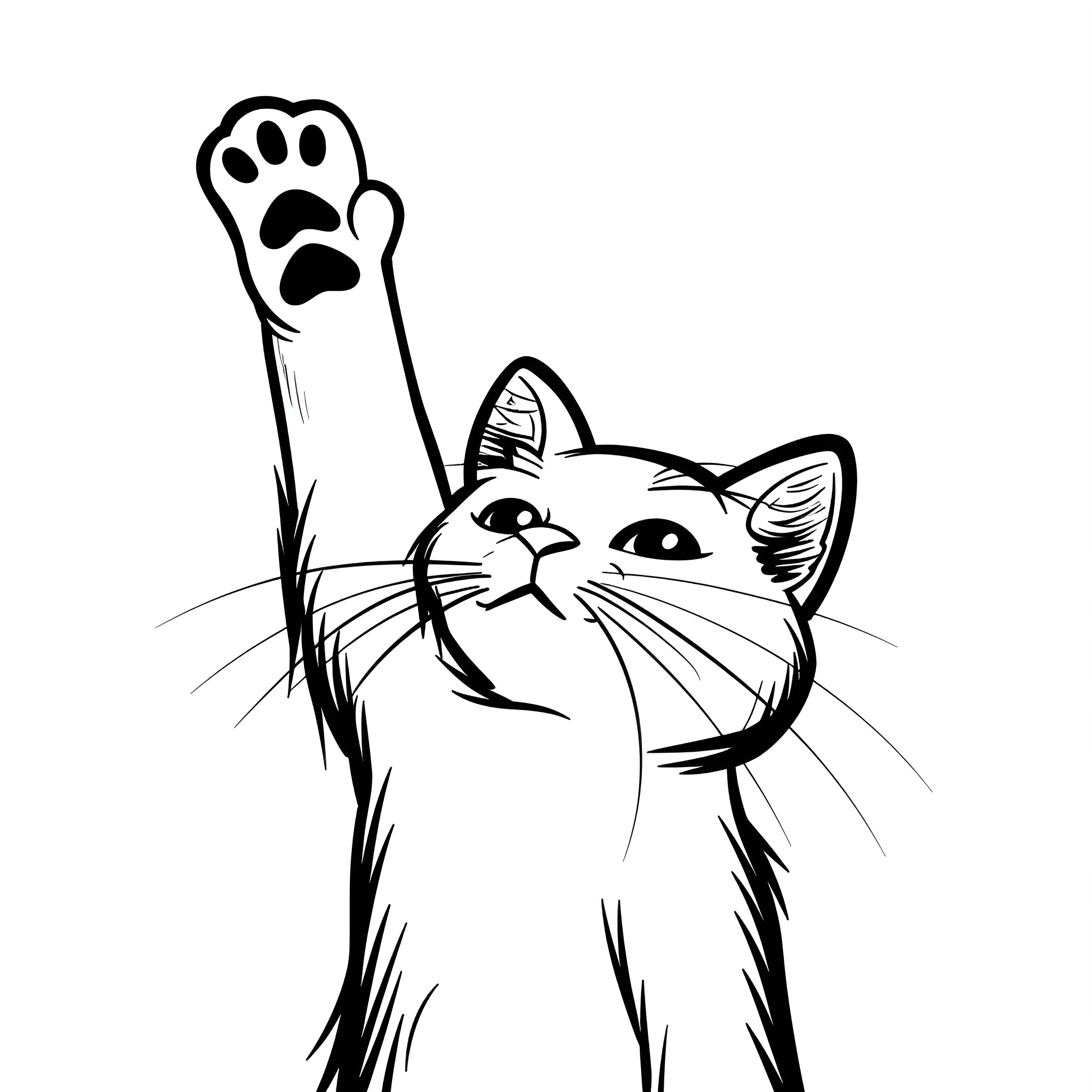 Easy Cat Reaching Playfully Drawing Idea (free black-and-white line drawing printable PDF for all, from beginners to advanced learners, including children, teens, adults, and seniors)
