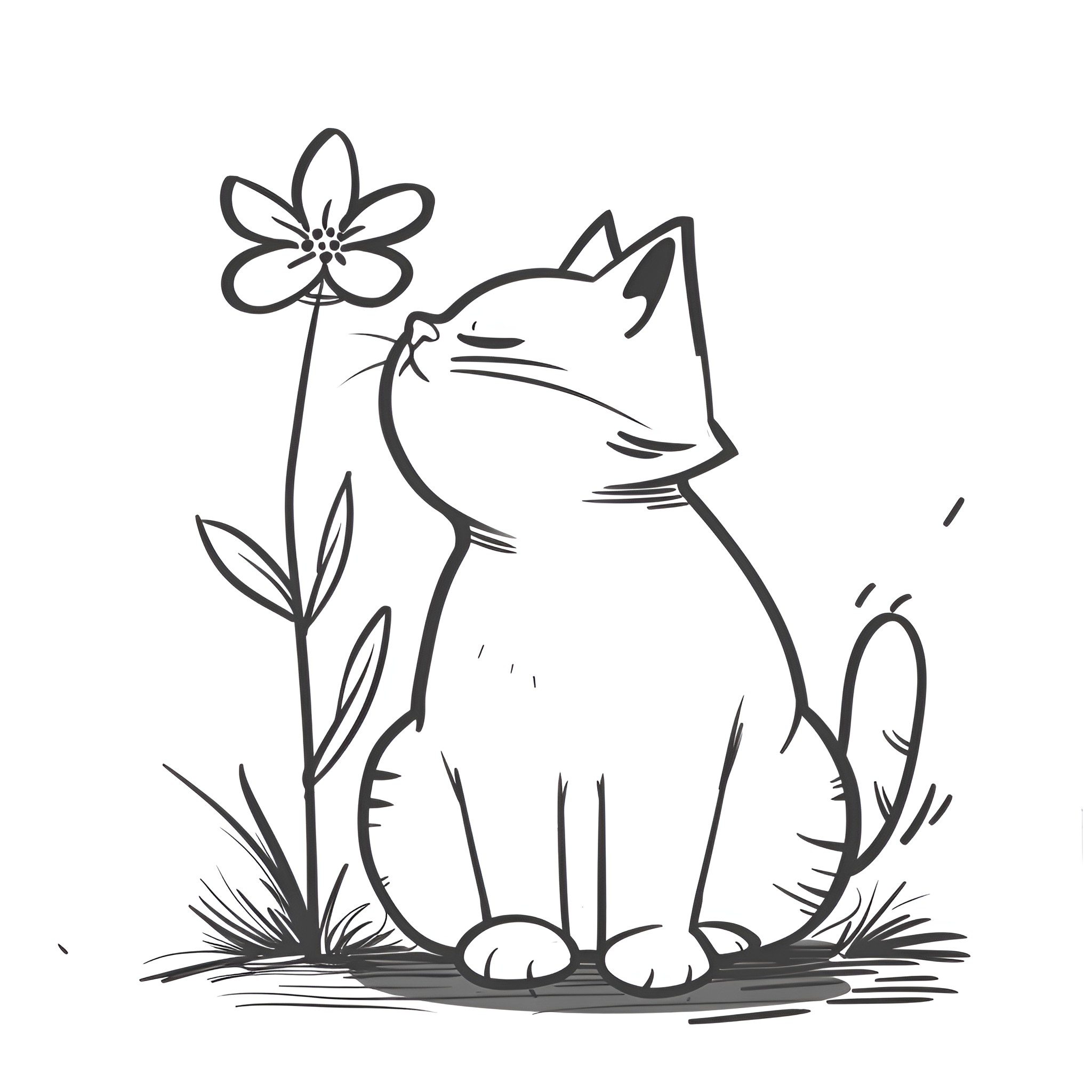 Easy Cat sitting by flower Drawing Idea (free black-and-white line drawing printable PDF for all, from beginners to advanced learners, including children, teens, adults, and seniors)