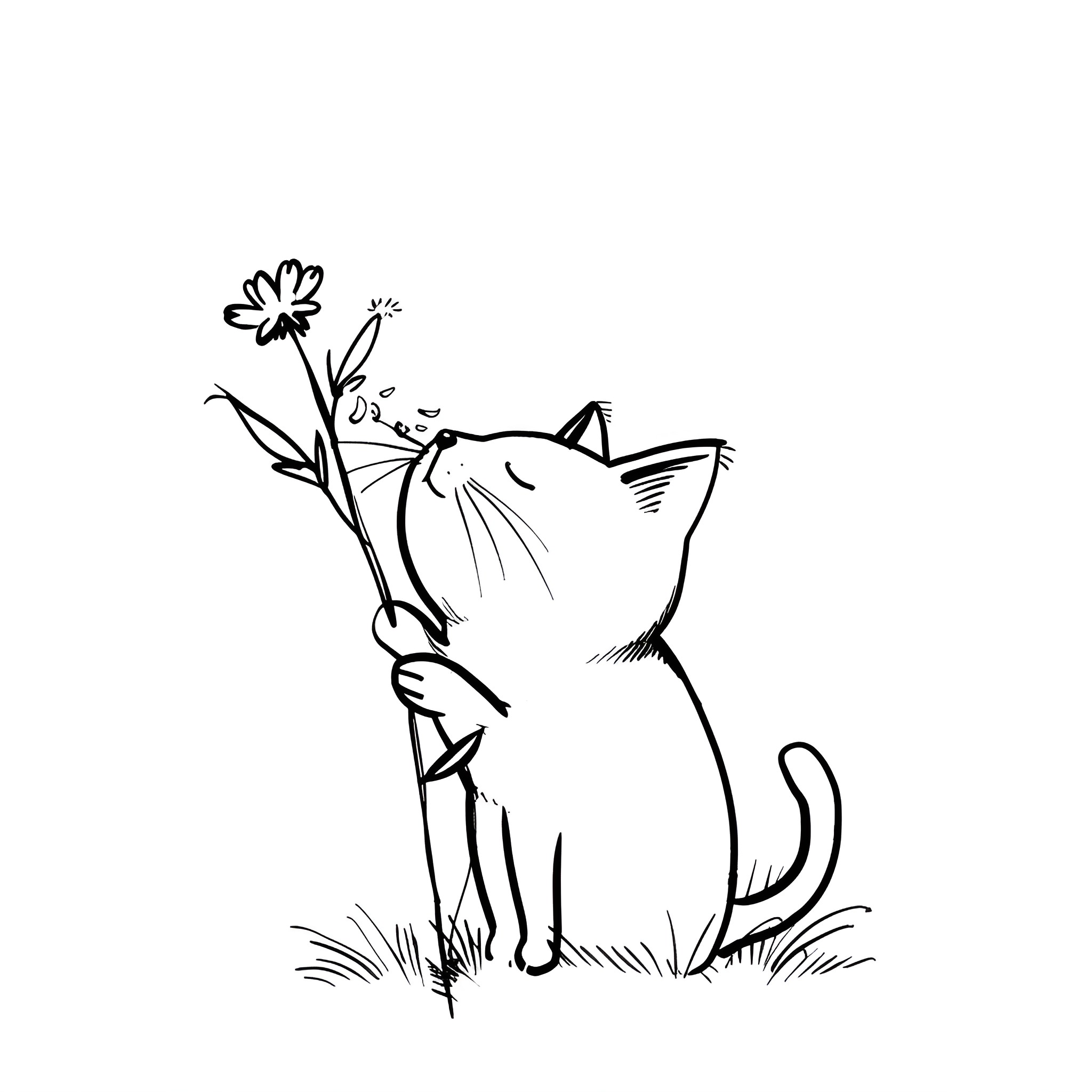 Easy Cat Playing with Flowers Drawing Idea (free black-and-white line drawing printable PDF for all, from beginners to advanced learners, including children, teens, adults, and seniors)