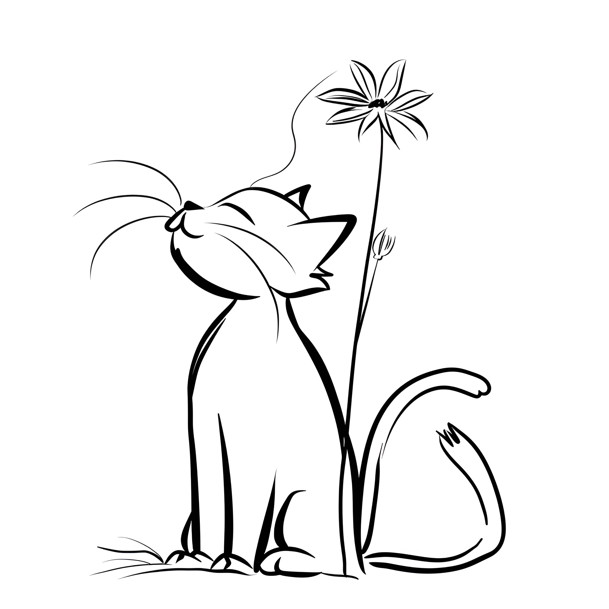 Easy Cat Sitting Playfully with Flower Drawing Idea (free black-and-white line drawing printable PDF for all, from beginners to advanced learners, including children, teens, adults, and seniors)