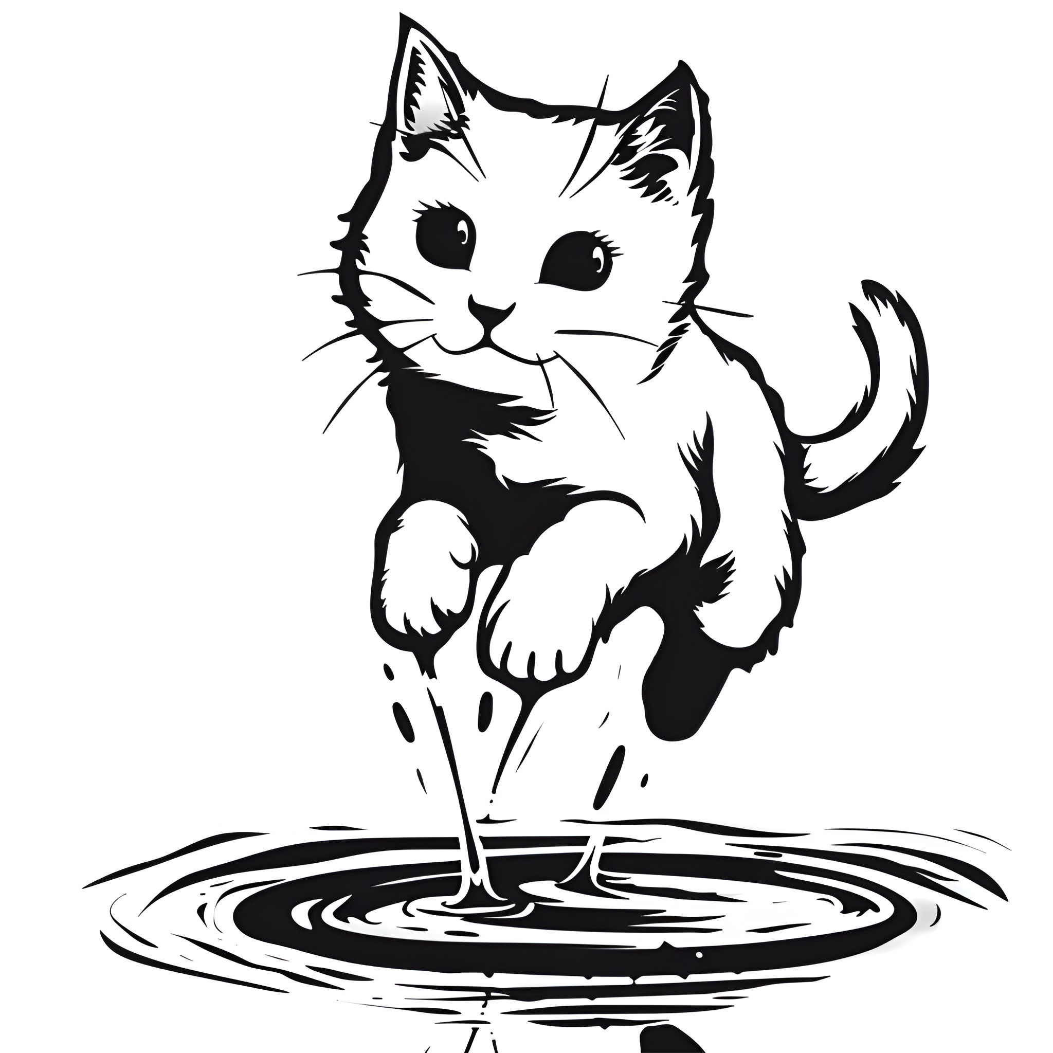 Easy Cat Playing with Water Drawing Idea (free black-and-white line drawing printable PDF for all, from beginners to advanced learners, including children, teens, adults, and seniors)