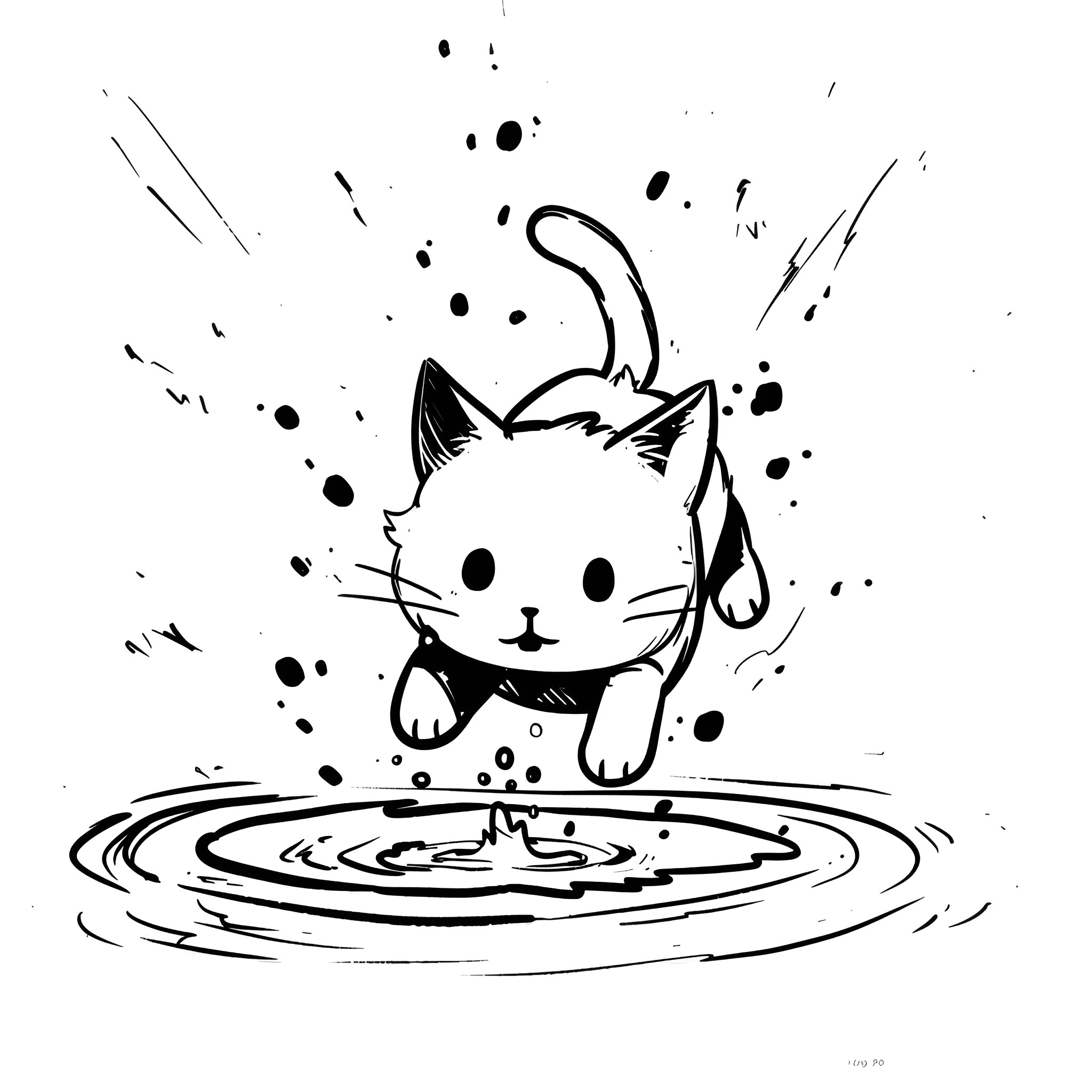 Easy Cat Playing in Puddle Drawing Idea (free black-and-white line drawing printable PDF for all, from beginners to advanced learners, including children, teens, adults, and seniors)