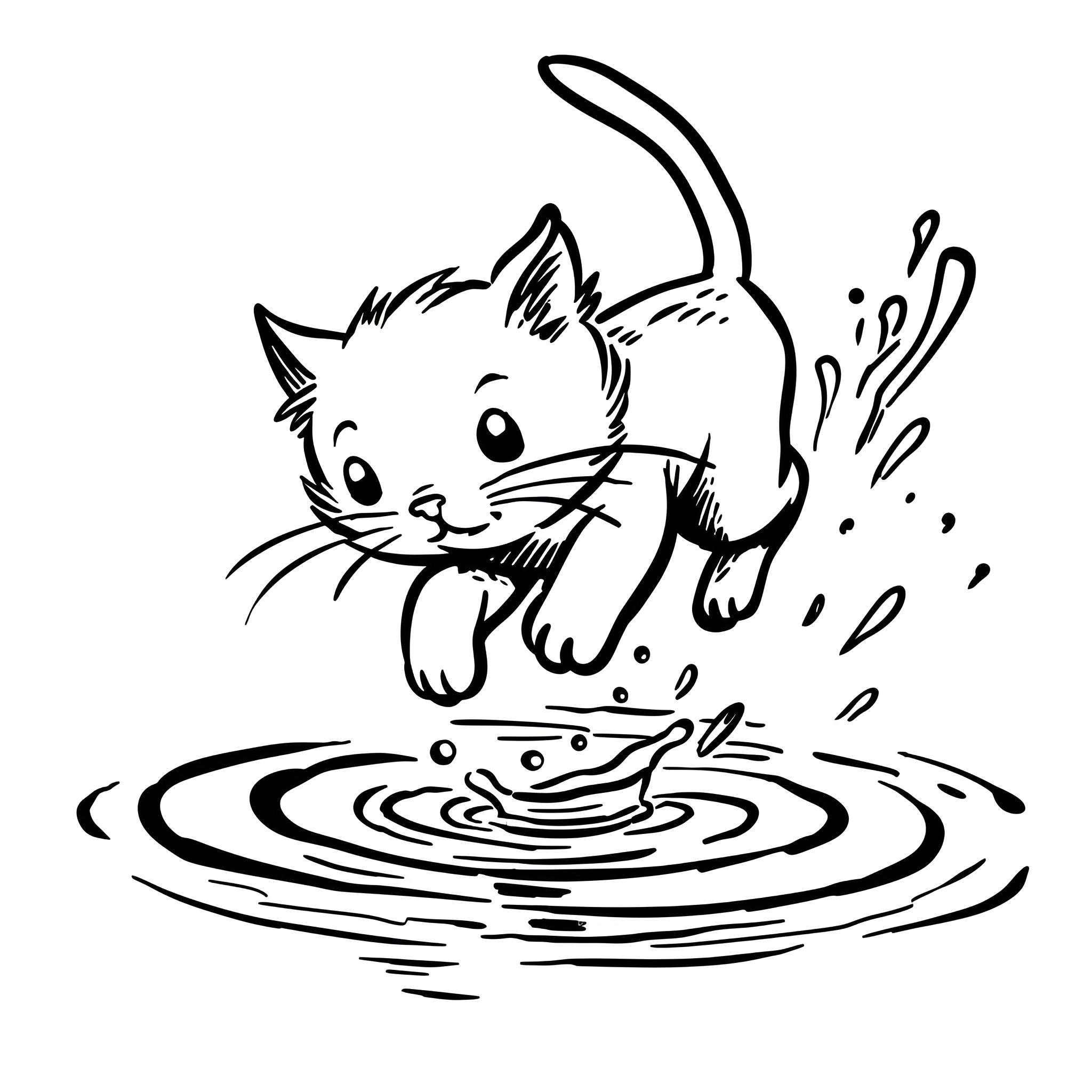 Easy Cat playing in puddle Drawing Idea (free black-and-white line drawing printable PDF for all, from beginners to advanced learners, including children, teens, adults, and seniors)