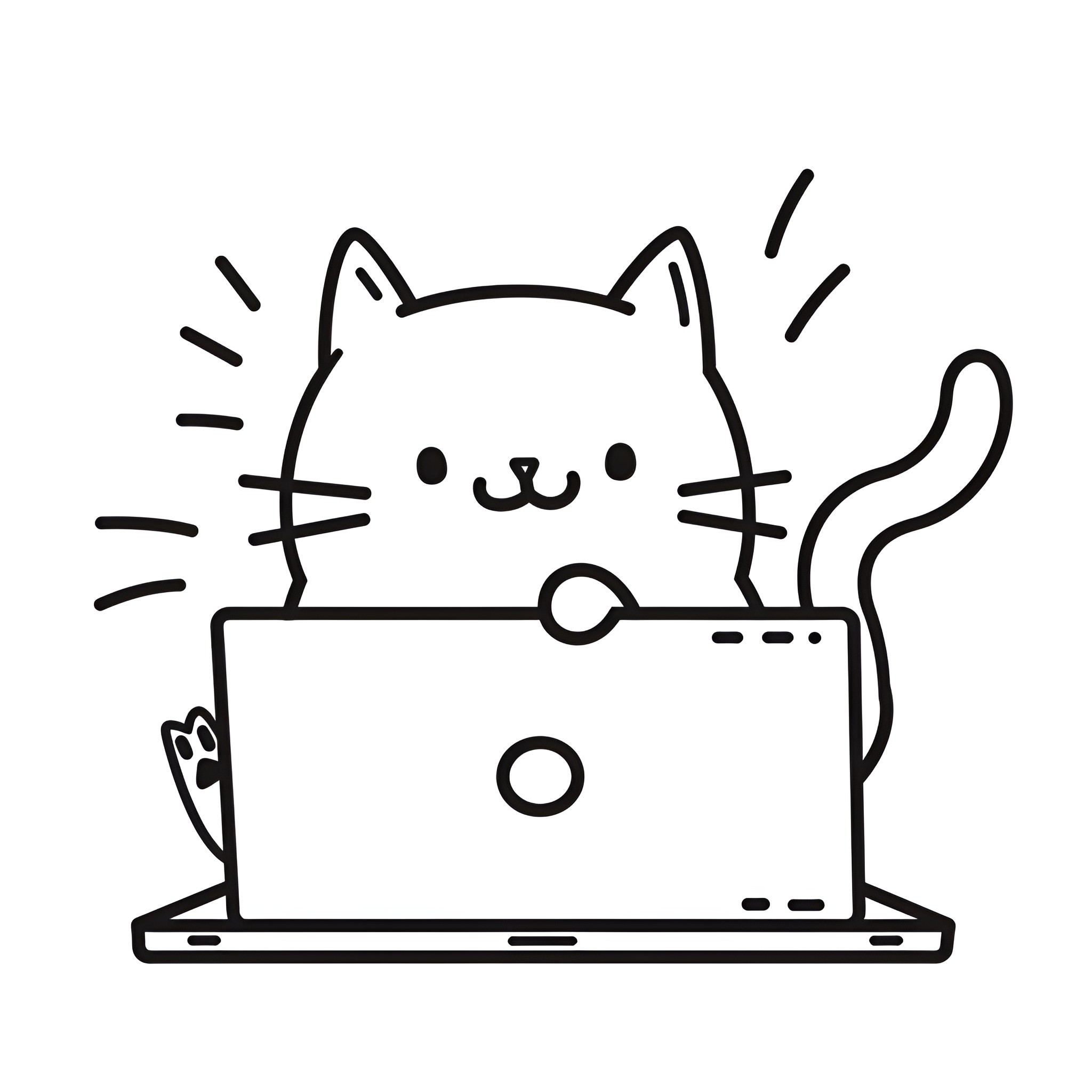 Easy Cat typing on laptop computer Drawing Idea (free black-and-white line drawing printable PDF for all, from beginners to advanced learners, including children, teens, adults, and seniors)