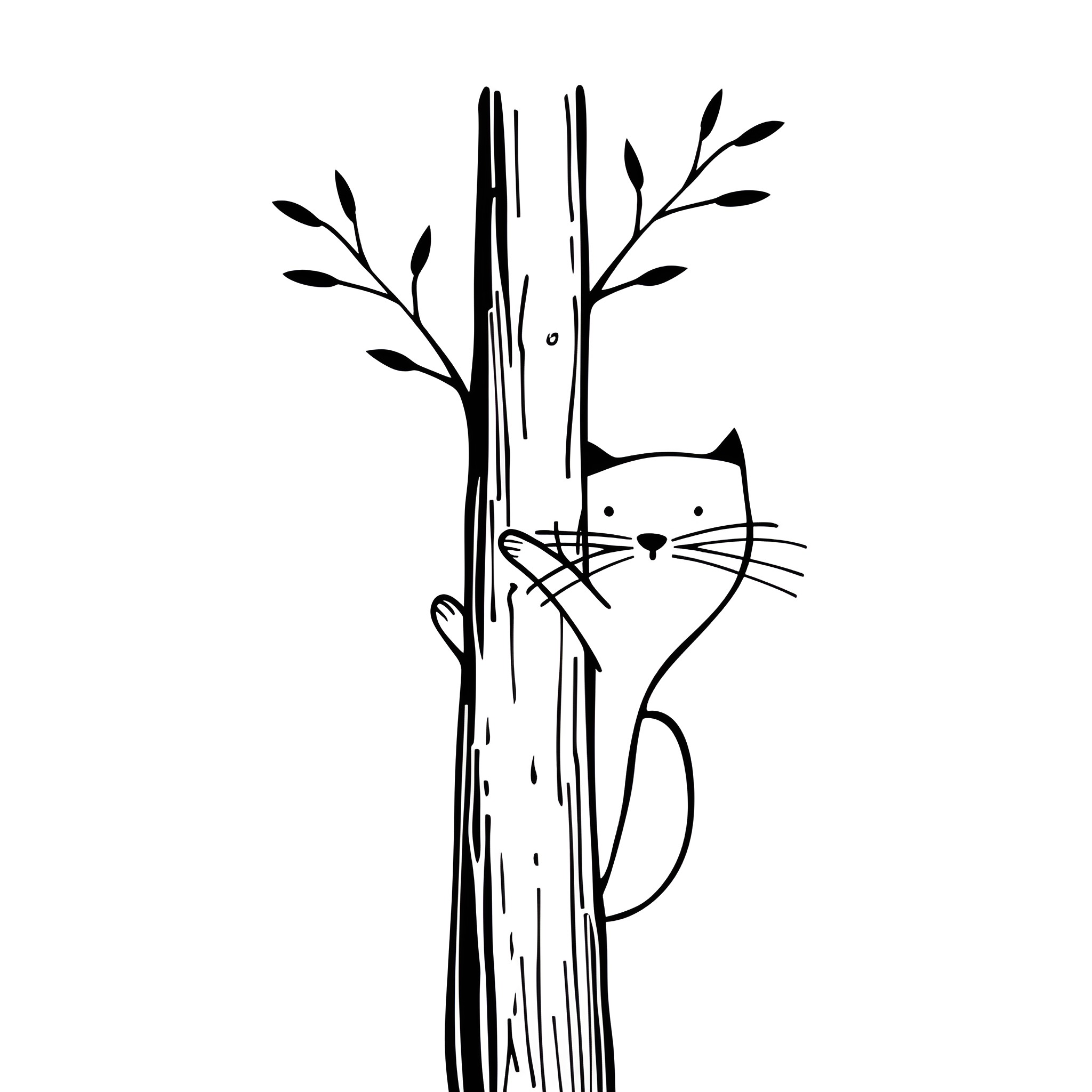 Easy Cat peeking through tree branches Drawing Idea (free black-and-white line drawing printable PDF for all, from beginners to advanced learners, including children, teens, adults, and seniors)