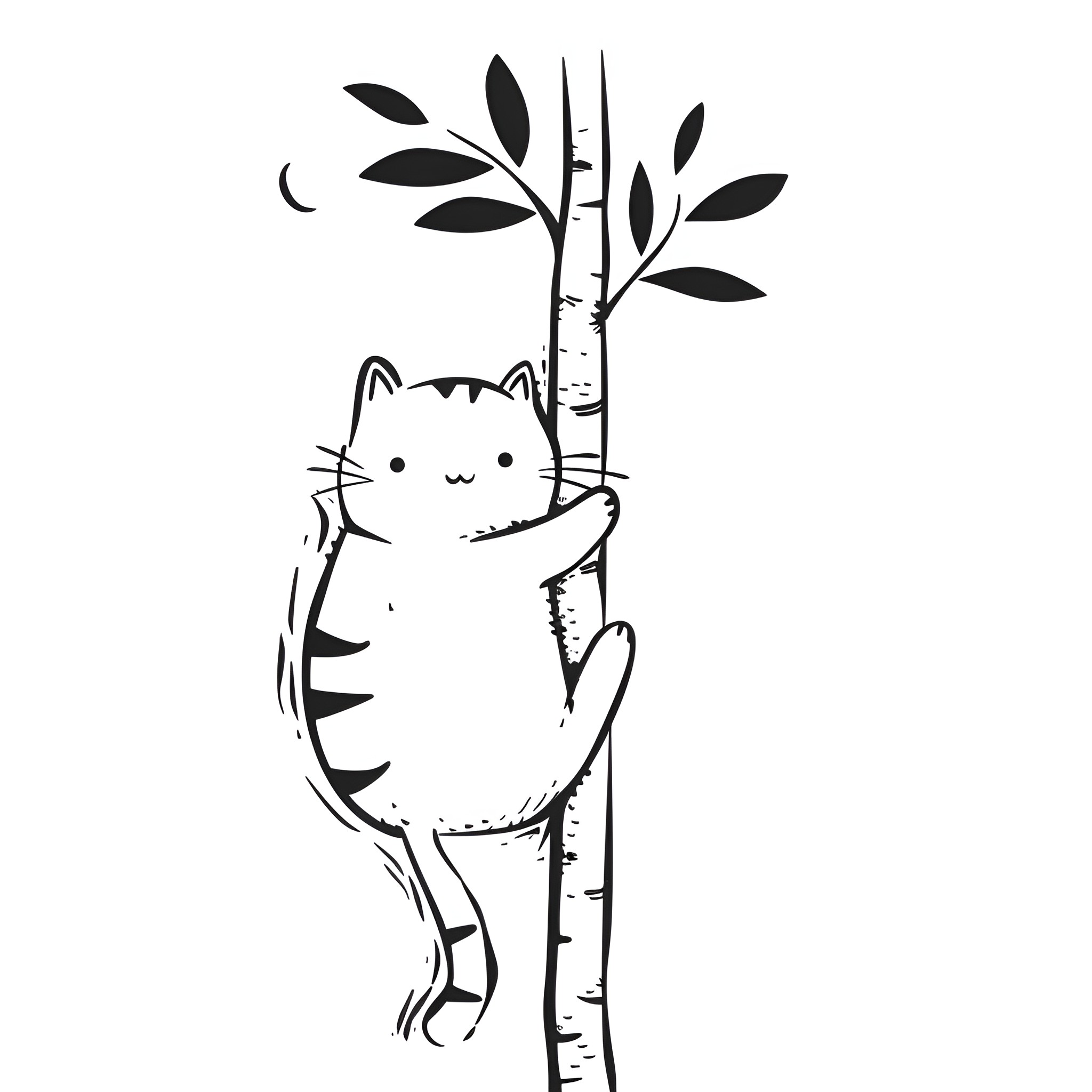 Easy Cat Climbing Birch Tree Drawing Idea (free black-and-white line drawing printable PDF for all, from beginners to advanced learners, including children, teens, adults, and seniors)