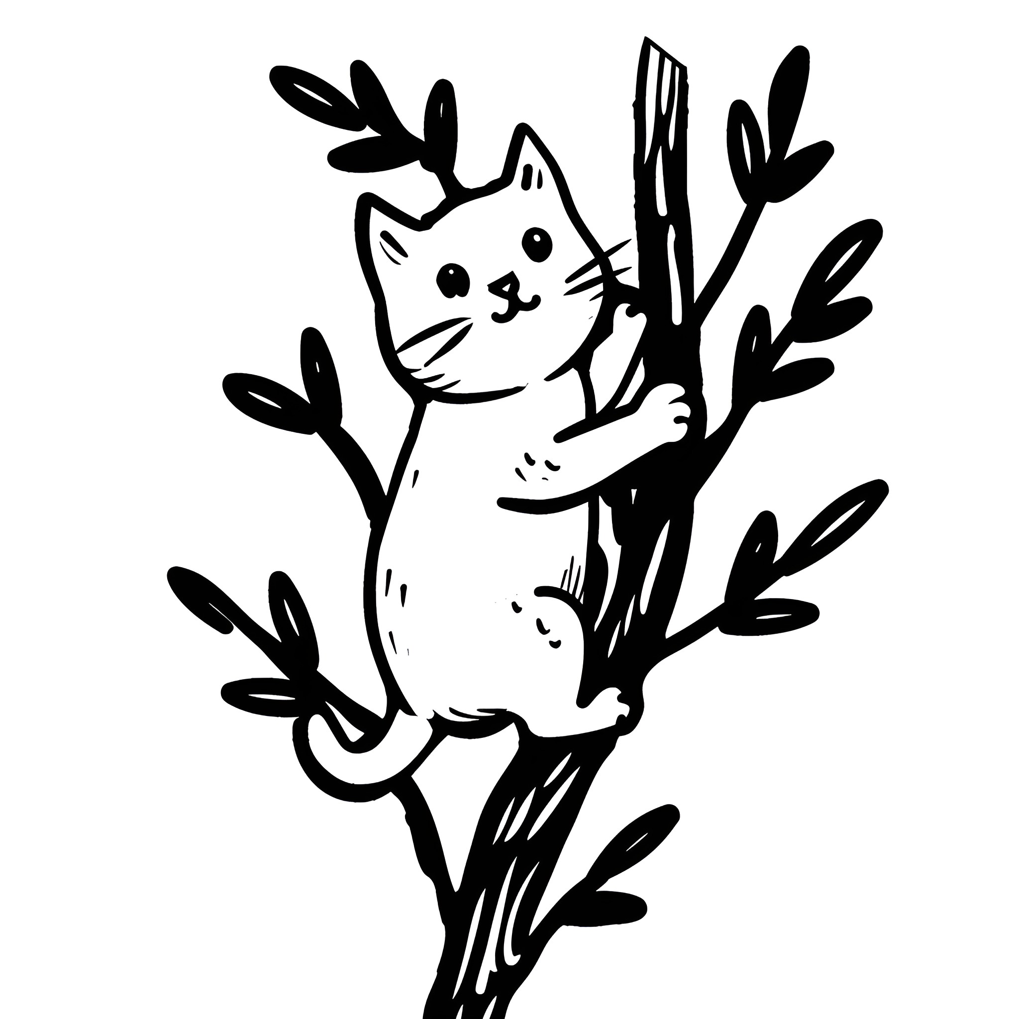 Easy Cat peeking from branch Drawing Idea (free black-and-white line drawing printable PDF for all, from beginners to advanced learners, including children, teens, adults, and seniors)