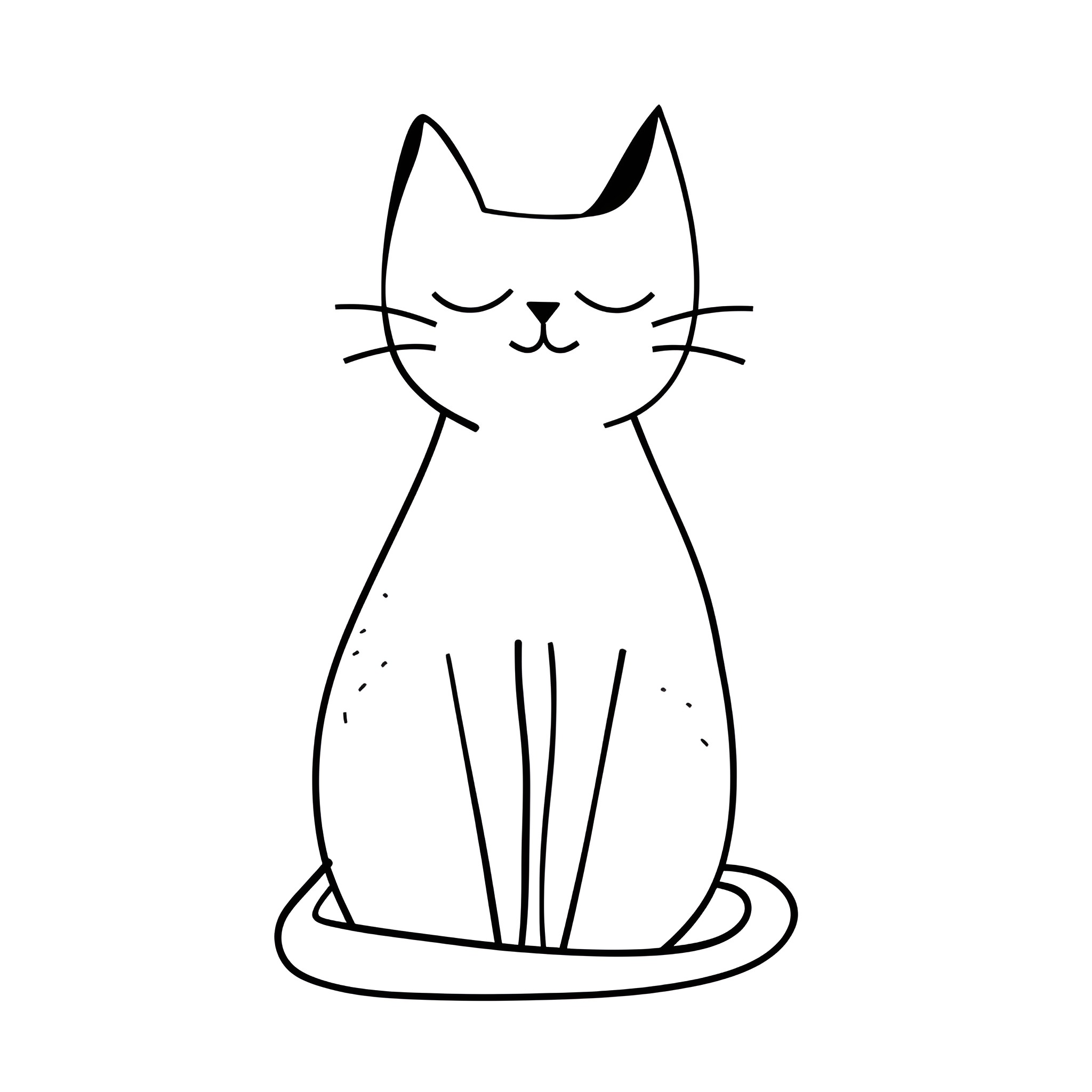 Easy Cat Sitting Happily Drawing Idea (free black-and-white line drawing printable PDF for all, from beginners to advanced learners, including children, teens, adults, and seniors)