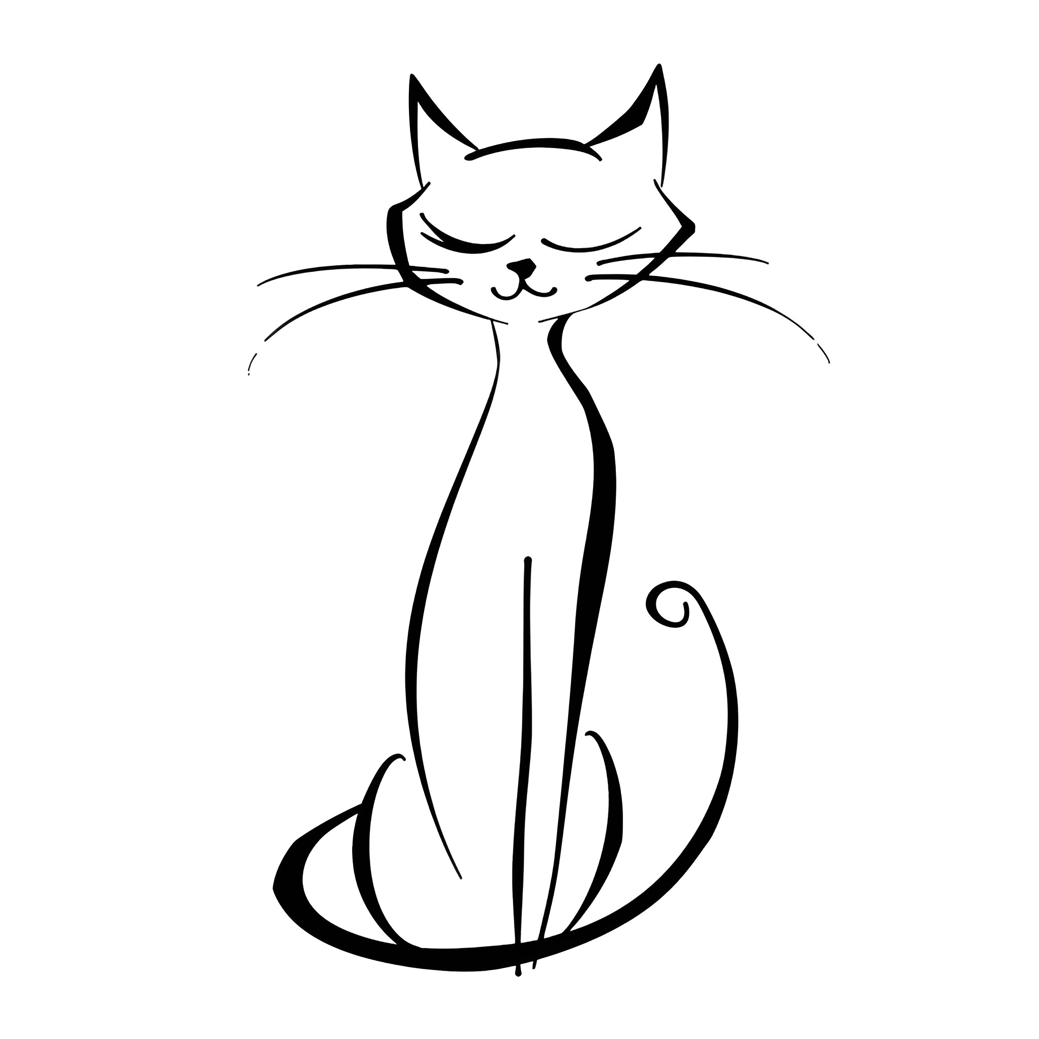 Easy Cat Sitting Contentedly Drawing Idea (free black-and-white line drawing printable PDF for all, from beginners to advanced learners, including children, teens, adults, and seniors)