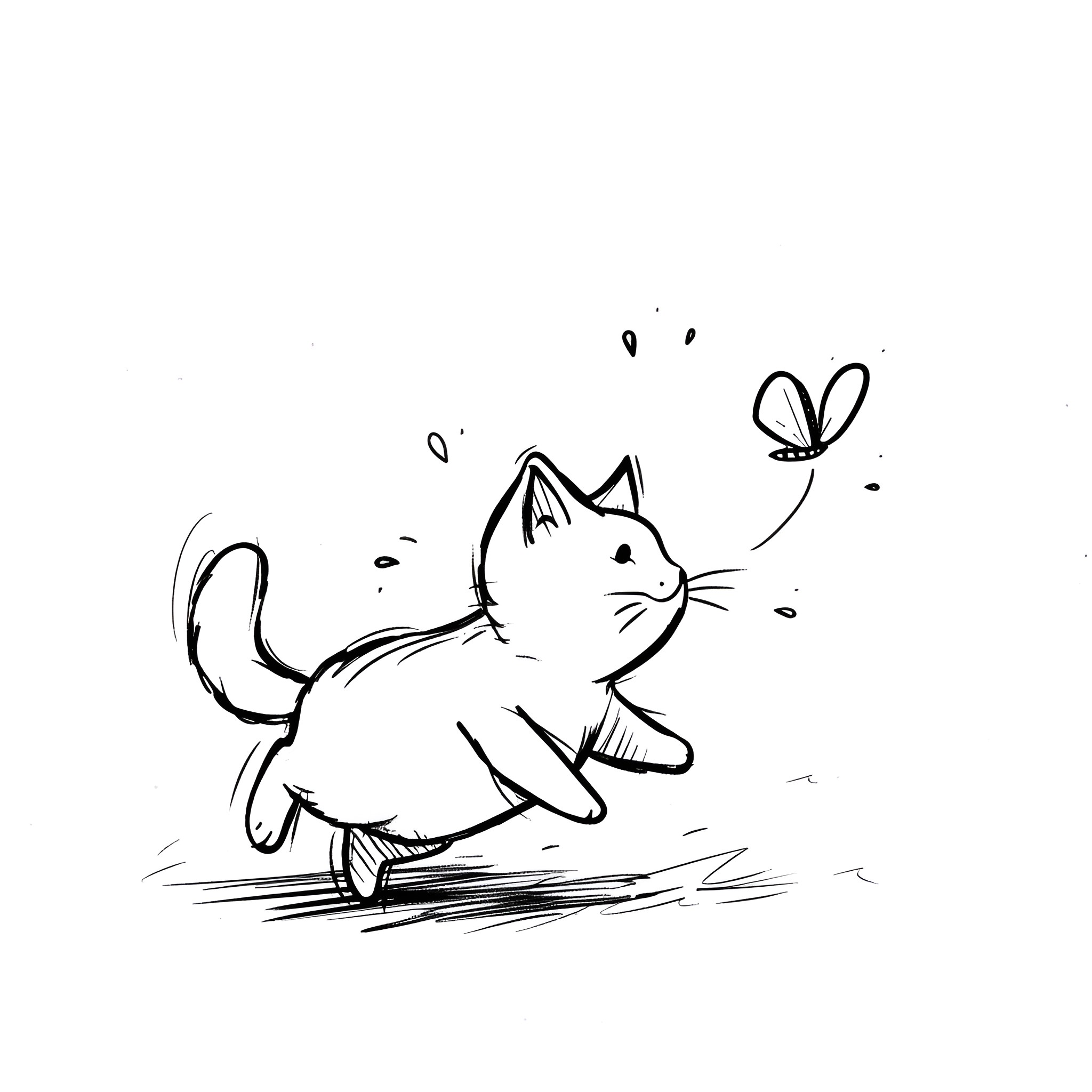Easy Cat Playfully Chasing Butterfly Drawing Idea (free black-and-white line drawing printable PDF for all, from beginners to advanced learners, including children, teens, adults, and seniors)
