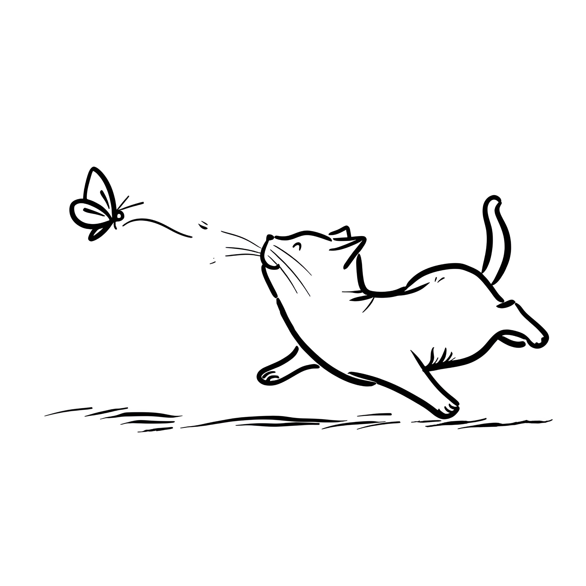 Easy Cat chasing butterfly Drawing Idea (free black-and-white line drawing printable PDF for all, from beginners to advanced learners, including children, teens, adults, and seniors)