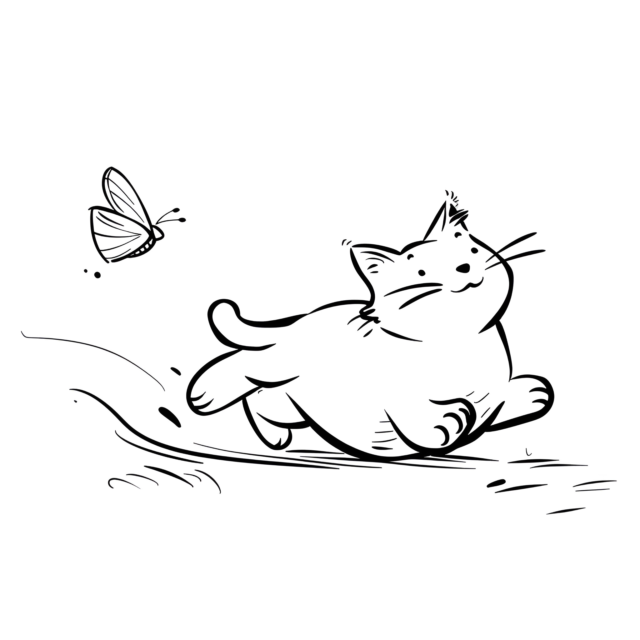 Easy Cat chasing butterfly Drawing Idea (free black-and-white line drawing printable PDF for all, from beginners to advanced learners, including children, teens, adults, and seniors)