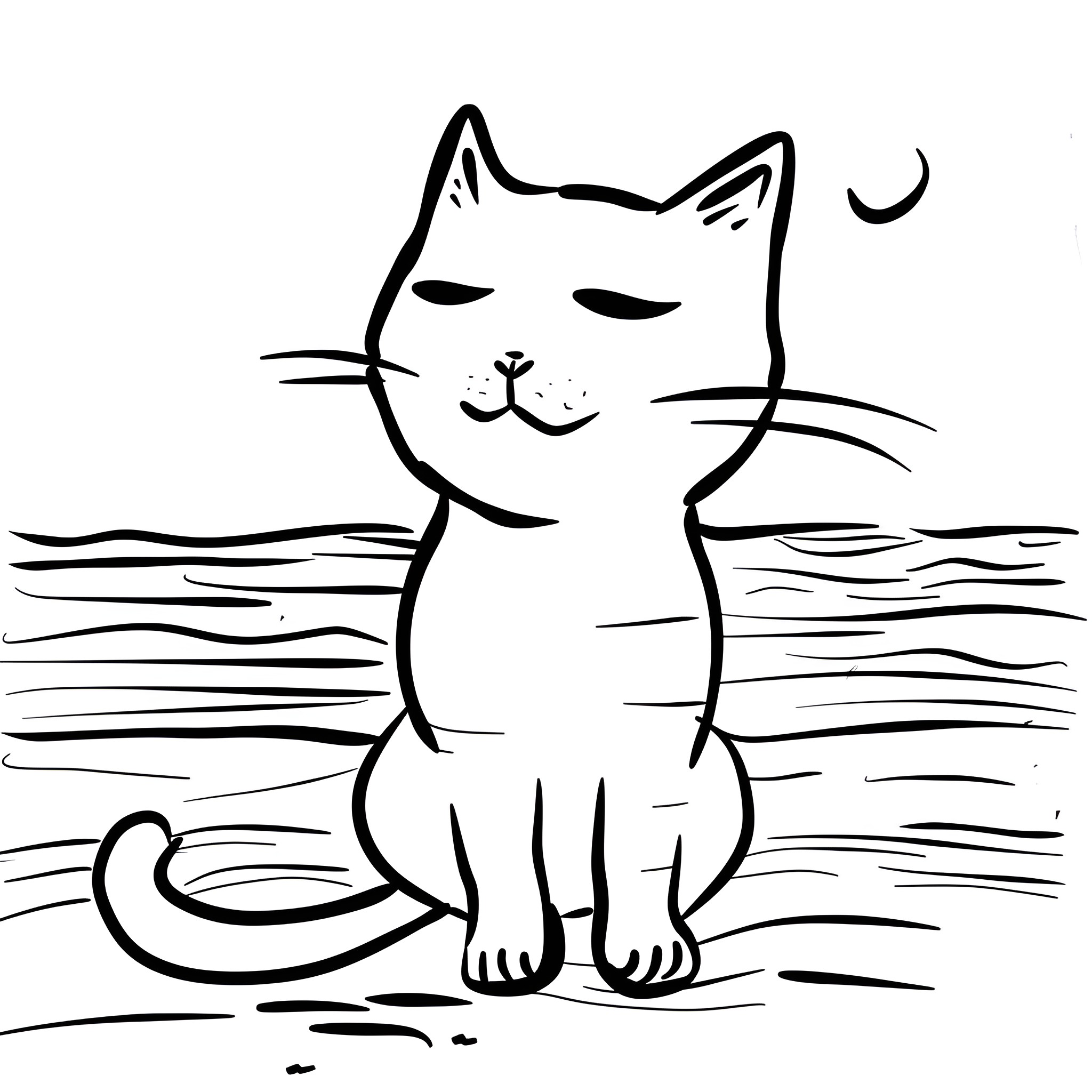 Easy Cat Relaxing by the Shore Drawing Idea (free black-and-white line drawing printable PDF for all, from beginners to advanced learners, including children, teens, adults, and seniors)