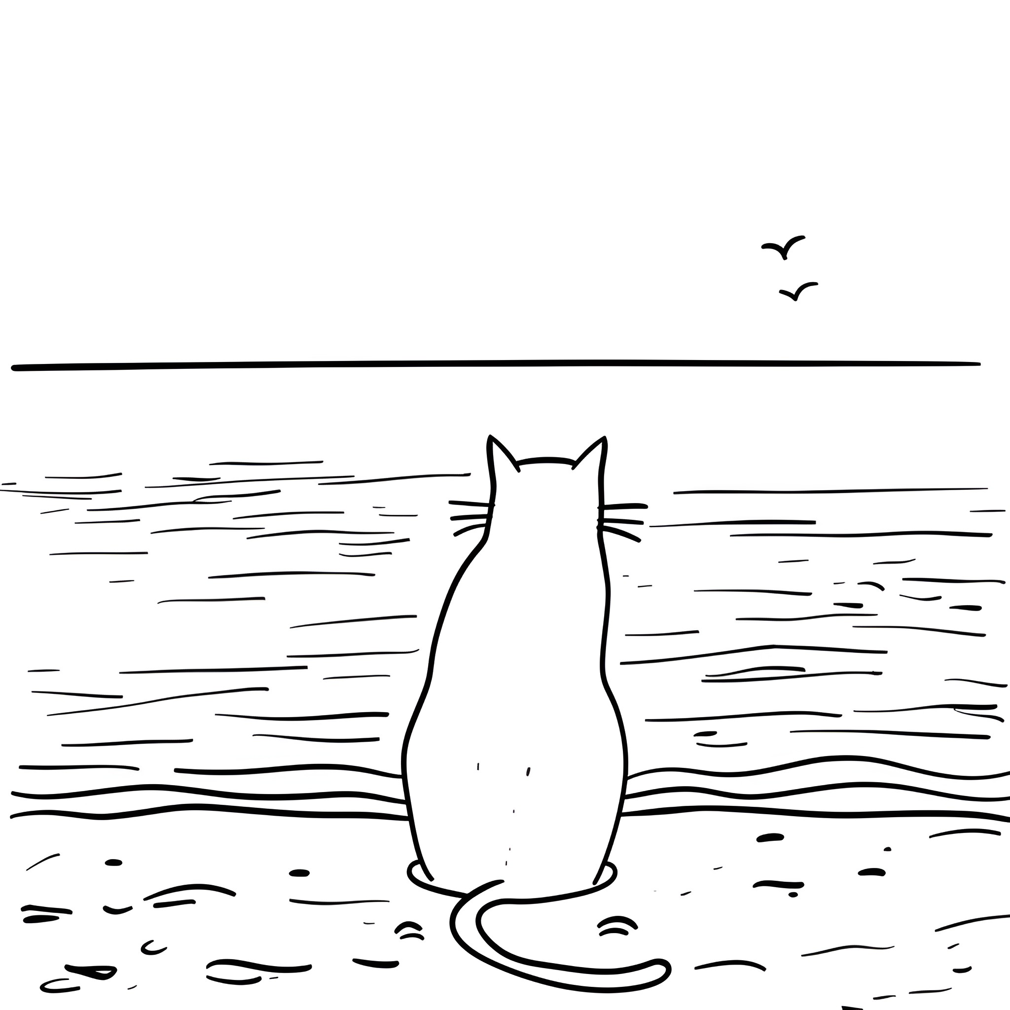 Easy Cat by the Ocean Drawing Idea (free black-and-white line drawing printable PDF for all, from beginners to advanced learners, including children, teens, adults, and seniors)