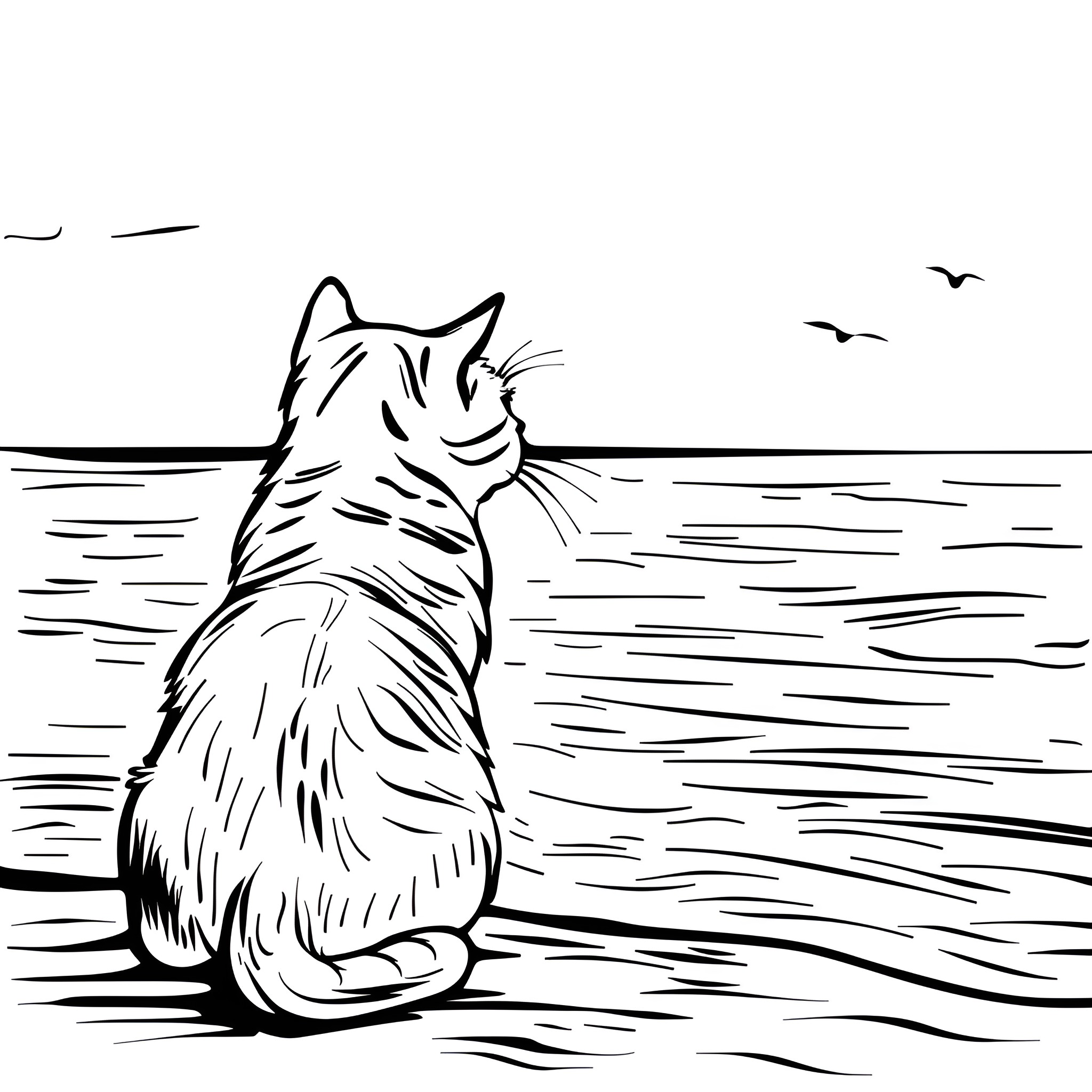 Easy Cat Gazing at Seascape Drawing Idea (free black-and-white line drawing printable PDF for all, from beginners to advanced learners, including children, teens, adults, and seniors)