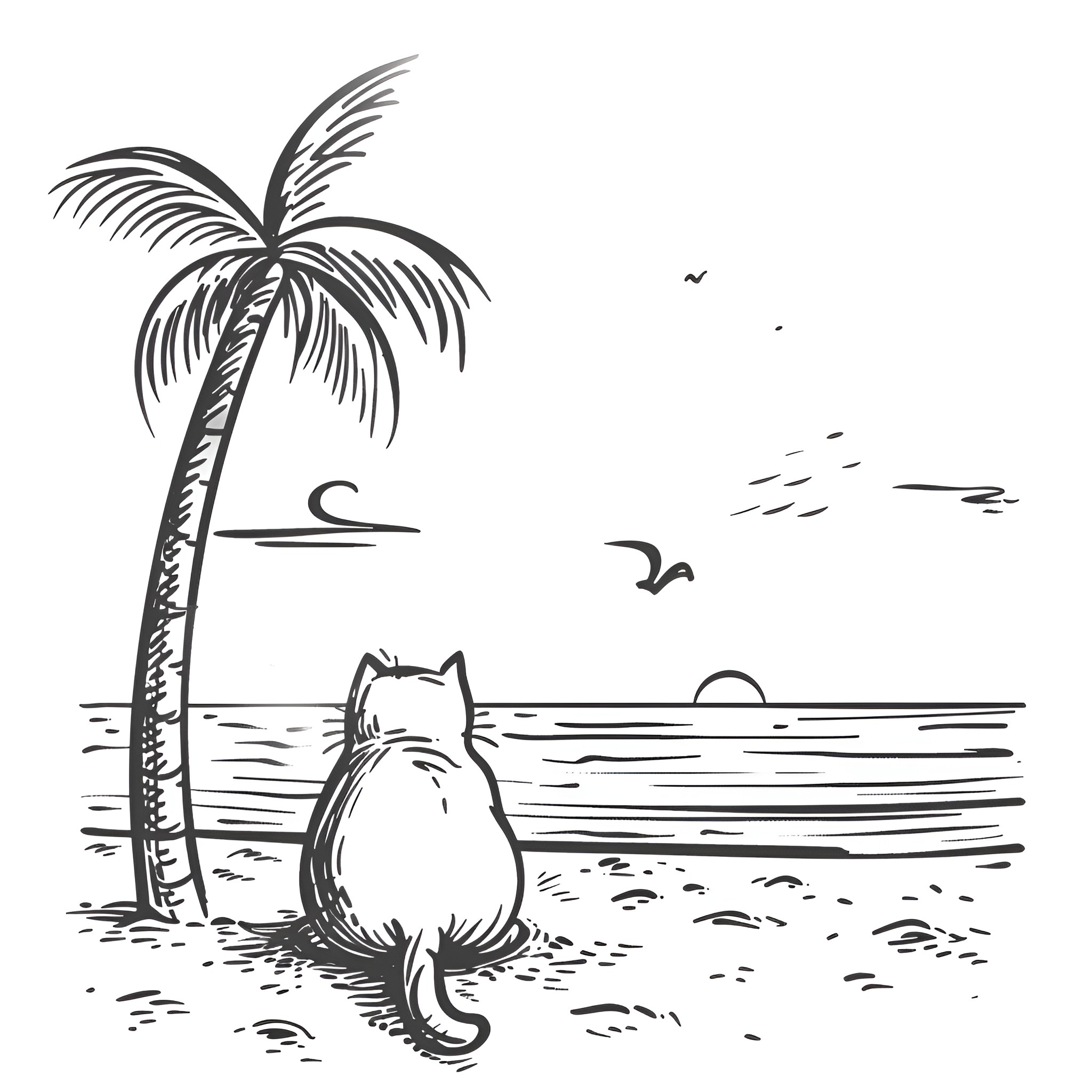 Easy Cat Relaxing on Beach Drawing Idea (free black-and-white line drawing printable PDF for all, from beginners to advanced learners, including children, teens, adults, and seniors)