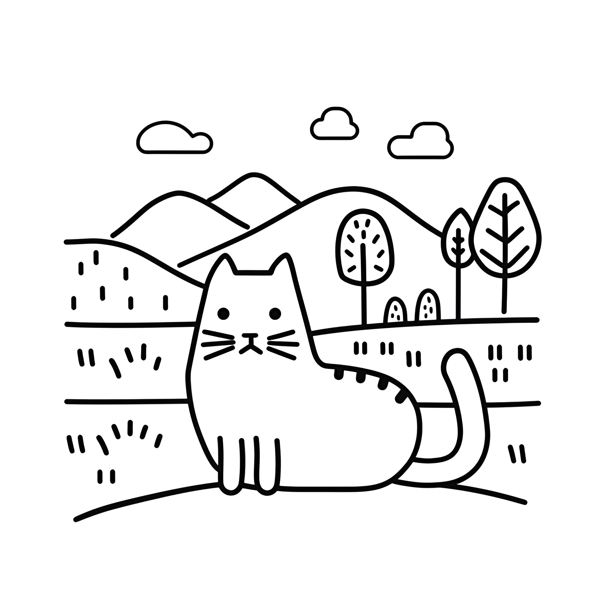 Easy Cat exploring scenic landscape Drawing Idea (free black-and-white line drawing printable PDF for all, from beginners to advanced learners, including children, teens, adults, and seniors)