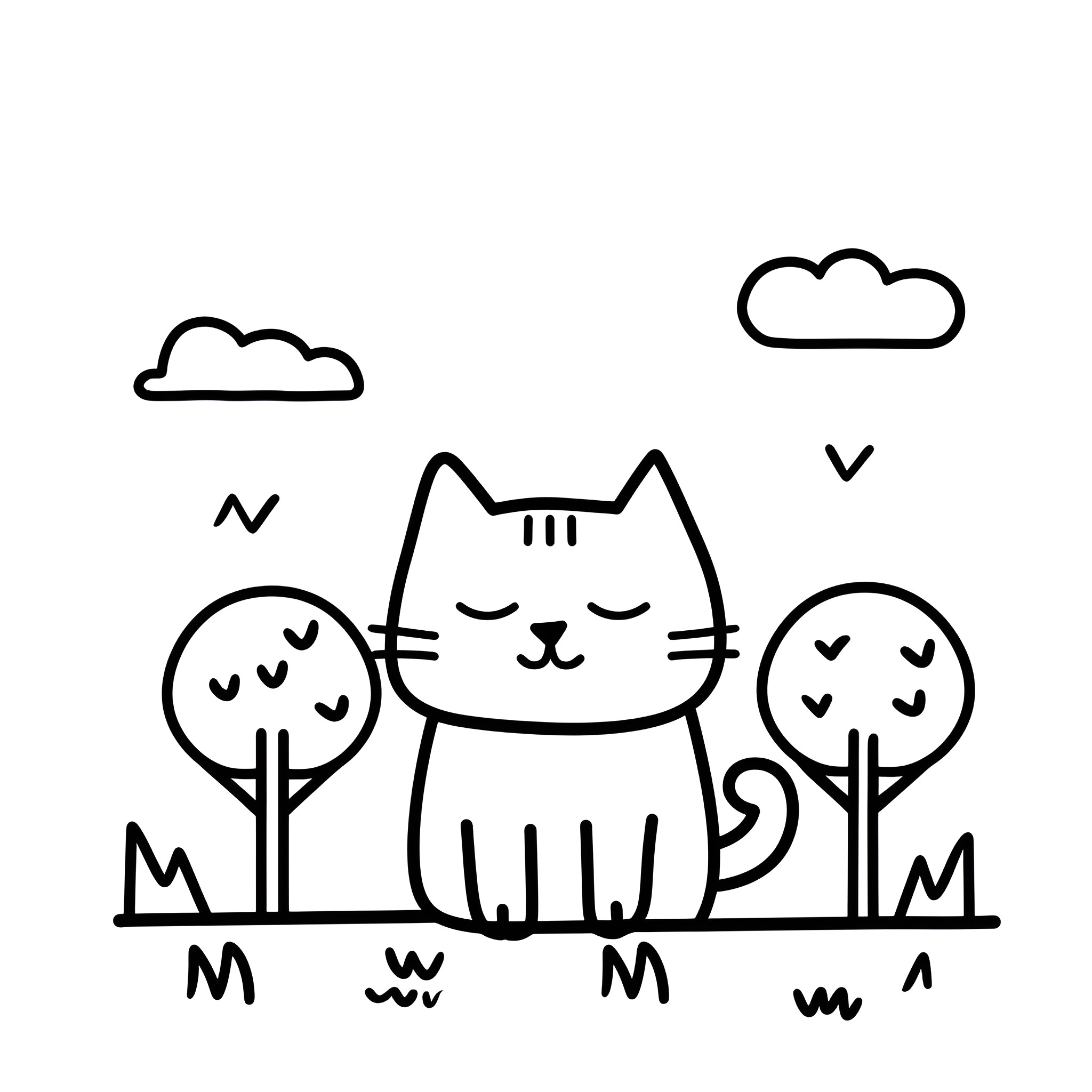 Easy Cat Relaxing in the Park Drawing Idea (free black-and-white line drawing printable PDF for all, from beginners to advanced learners, including children, teens, adults, and seniors)