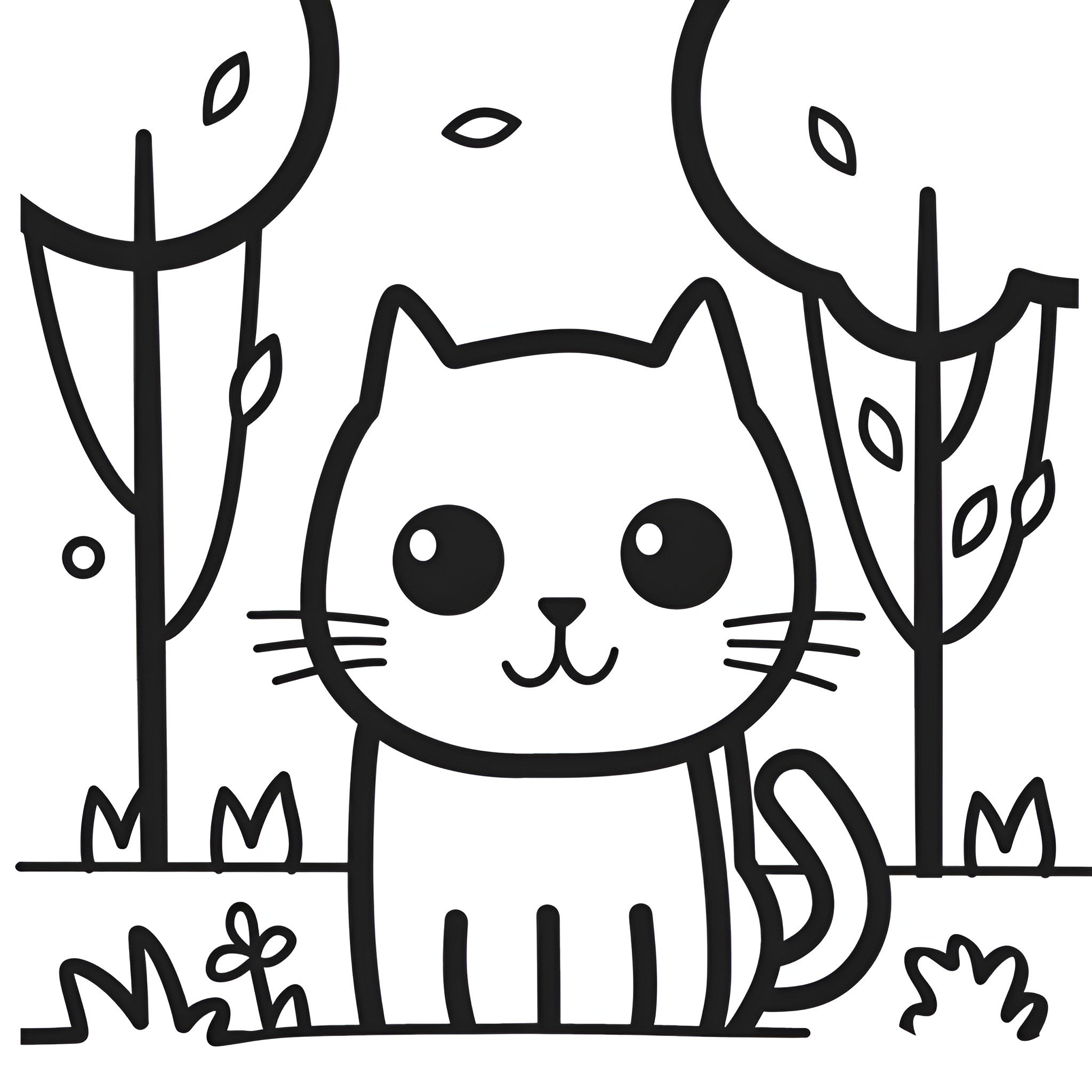 Easy Cat playing in nature Drawing Idea (free black-and-white line drawing printable PDF for all, from beginners to advanced learners, including children, teens, adults, and seniors)