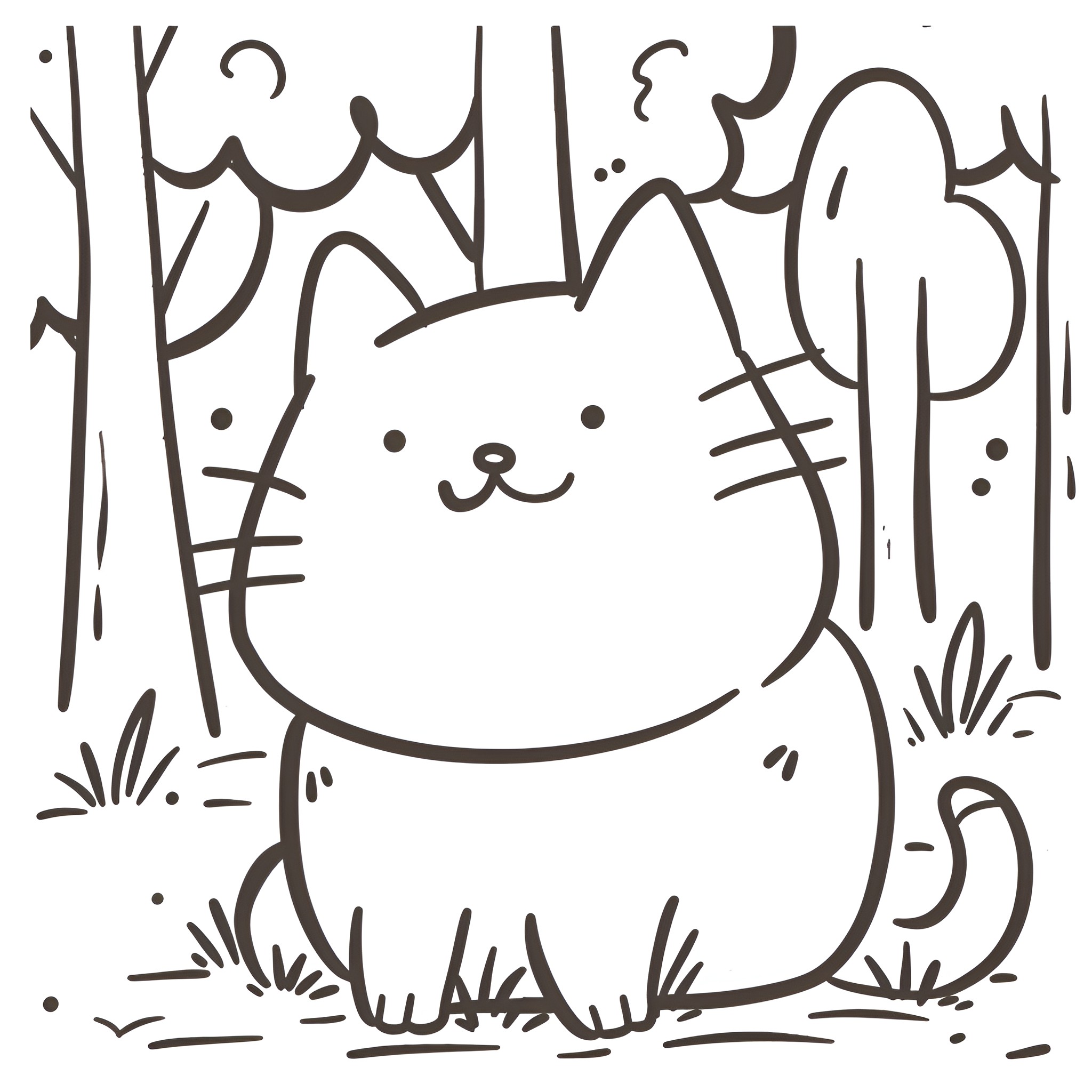 Easy Cat in a Whimsical Nature Scene Drawing Idea (free black-and-white line drawing printable PDF for all, from beginners to advanced learners, including children, teens, adults, and seniors)