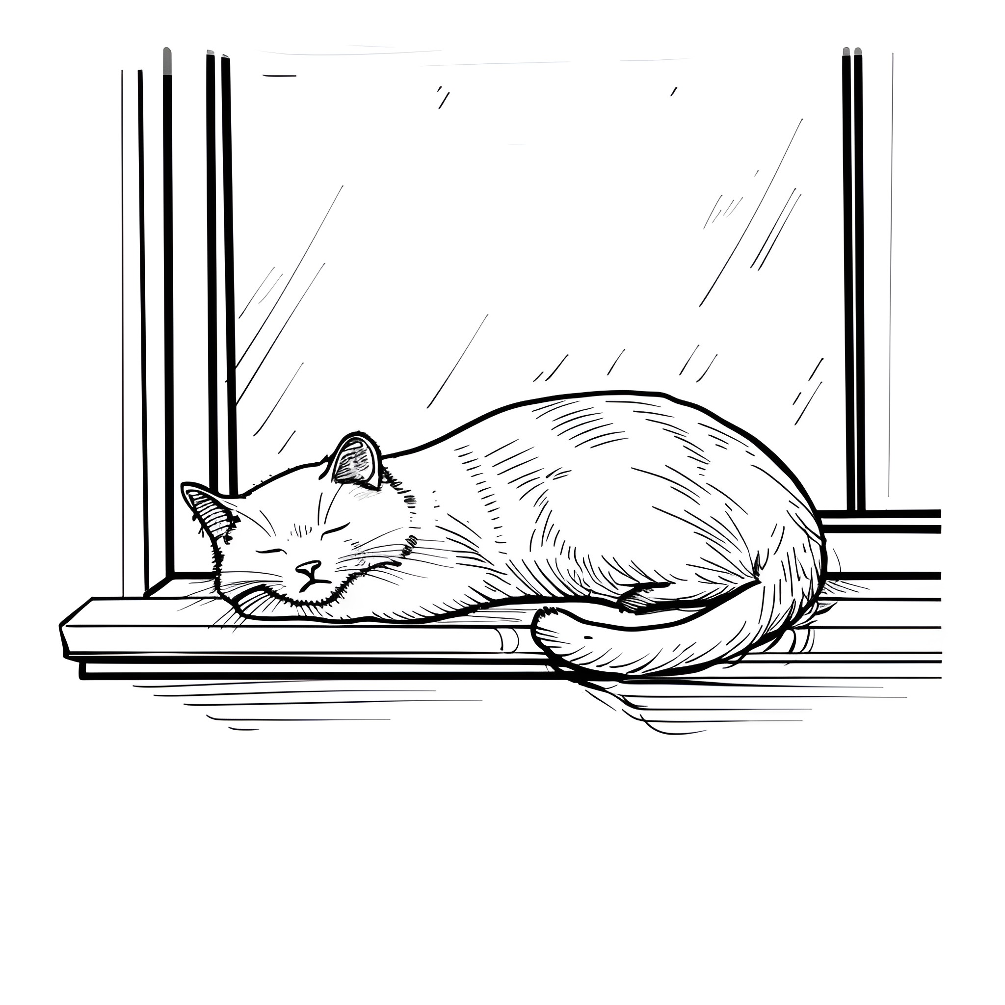 Easy Cat Sleeping Peacefully on Windowsill Drawing Idea (free black-and-white line drawing printable PDF for all, from beginners to advanced learners, including children, teens, adults, and seniors)