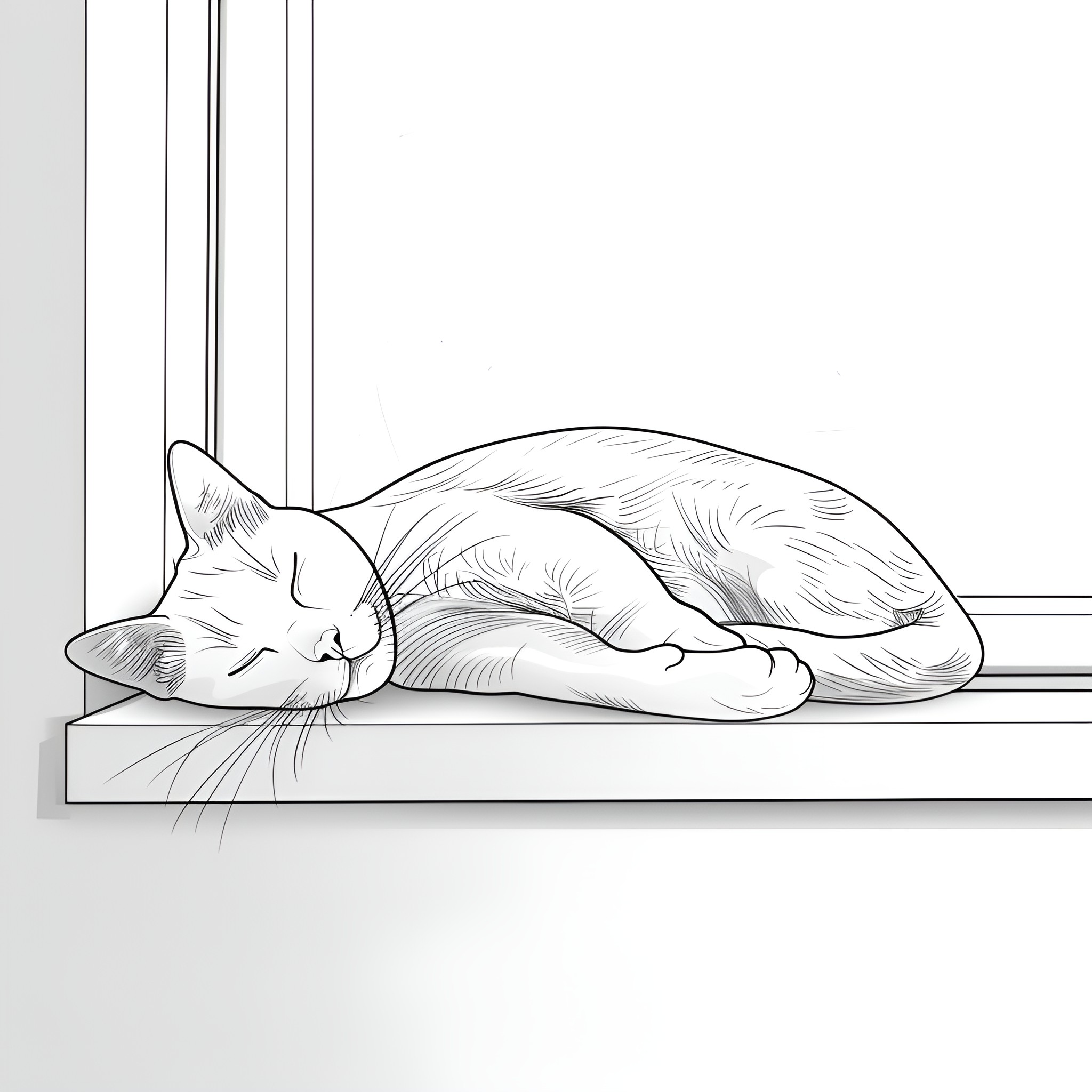 Easy Cat Resting Peacefully on Window Sill Drawing Idea (free black-and-white line drawing printable PDF for all, from beginners to advanced learners, including children, teens, adults, and seniors)
