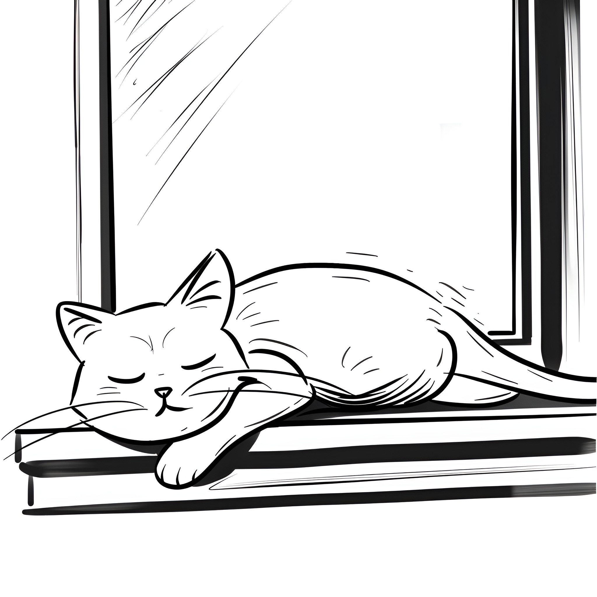 Easy Cat Sleeping Peacefully on Windowsill Drawing Idea (free black-and-white line drawing printable PDF for all, from beginners to advanced learners, including children, teens, adults, and seniors)