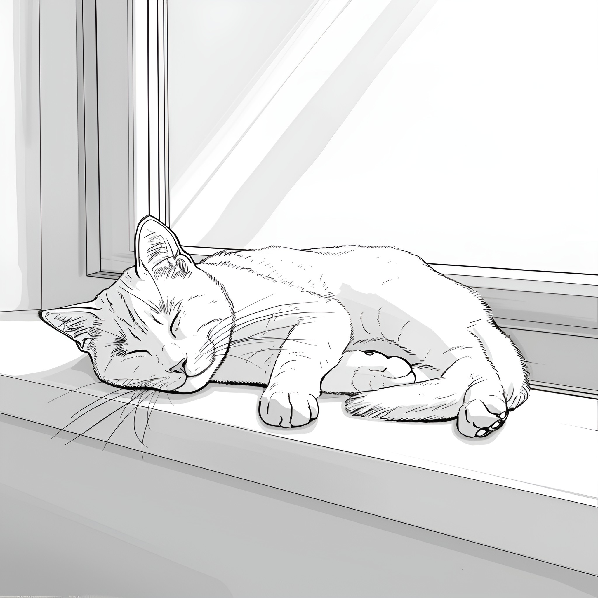 Easy Cat Sleeping Peacefully by Window Drawing Idea (free black-and-white line drawing printable PDF for all, from beginners to advanced learners, including children, teens, adults, and seniors)