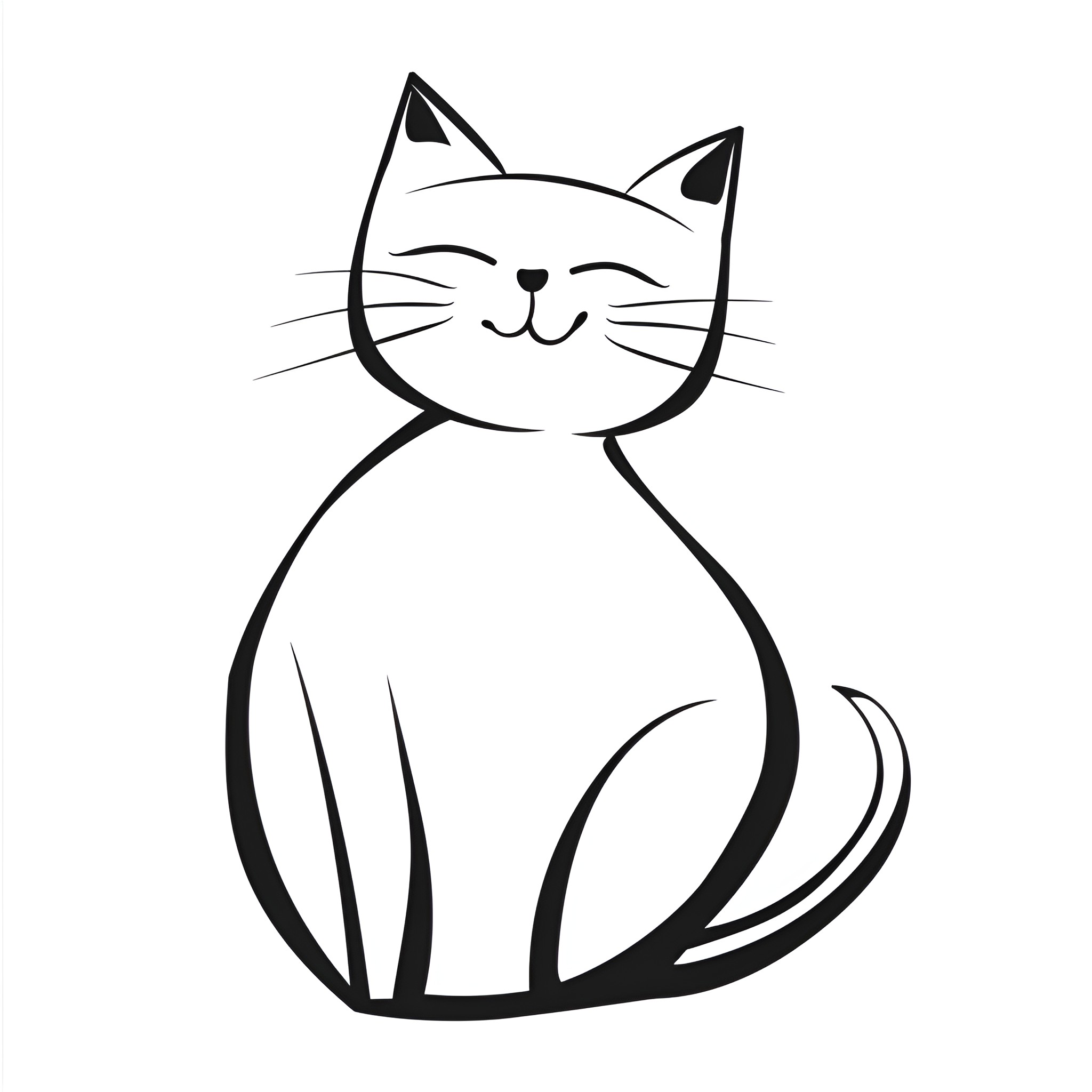 Easy Cat Sitting Happily Drawing Idea (free black-and-white line drawing printable PDF for all, from beginners to advanced learners, including children, teens, adults, and seniors)