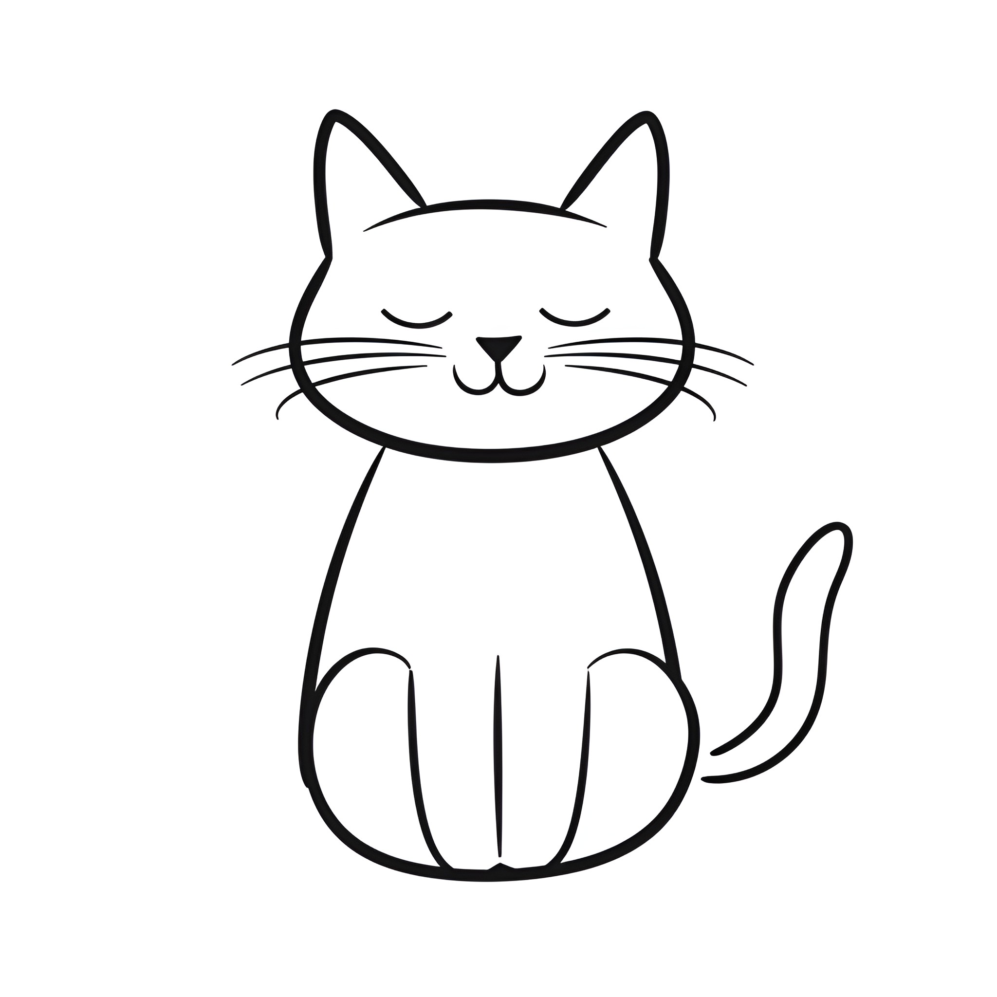 Easy Cat Sitting Peacefully Drawing Idea (free black-and-white line drawing printable PDF for all, from beginners to advanced learners, including children, teens, adults, and seniors)