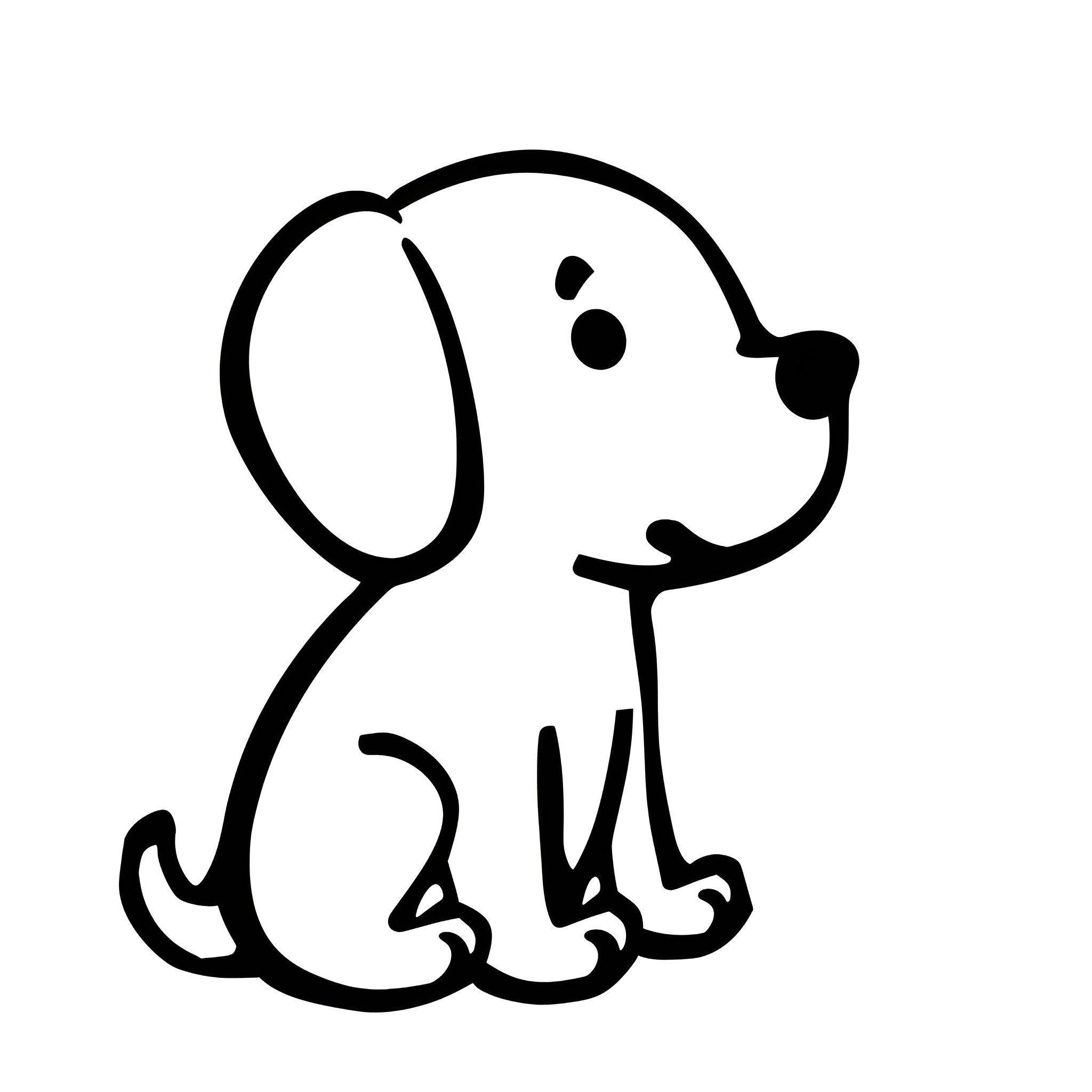 Easy Dog Sitting Happily Drawing Idea (free black-and-white line drawing printable PDF for all, from beginners to advanced learners, including children, teens, adults, and seniors)