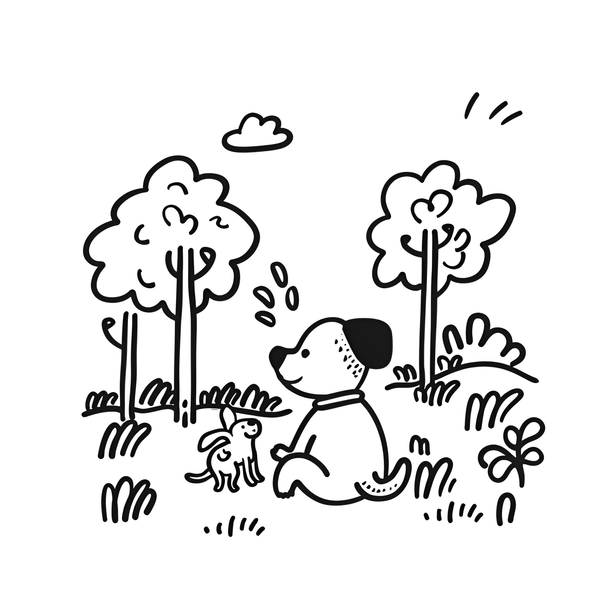 Easy Dog playing in the park Drawing Idea (free black-and-white line drawing printable PDF for all, from beginners to advanced learners, including children, teens, adults, and seniors)