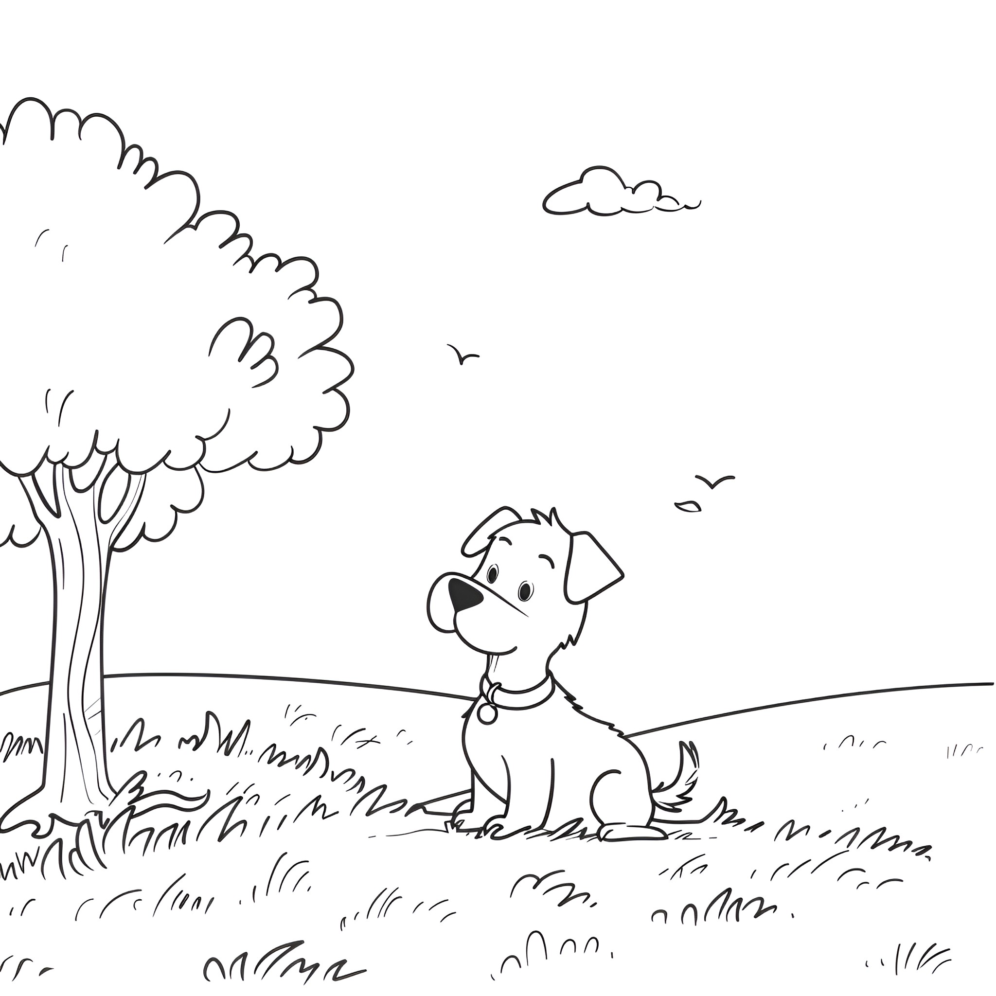 Easy Dog Relaxing in Peaceful Outdoor Scenery Drawing Idea (free black-and-white line drawing printable PDF for all, from beginners to advanced learners, including children, teens, adults, and seniors)