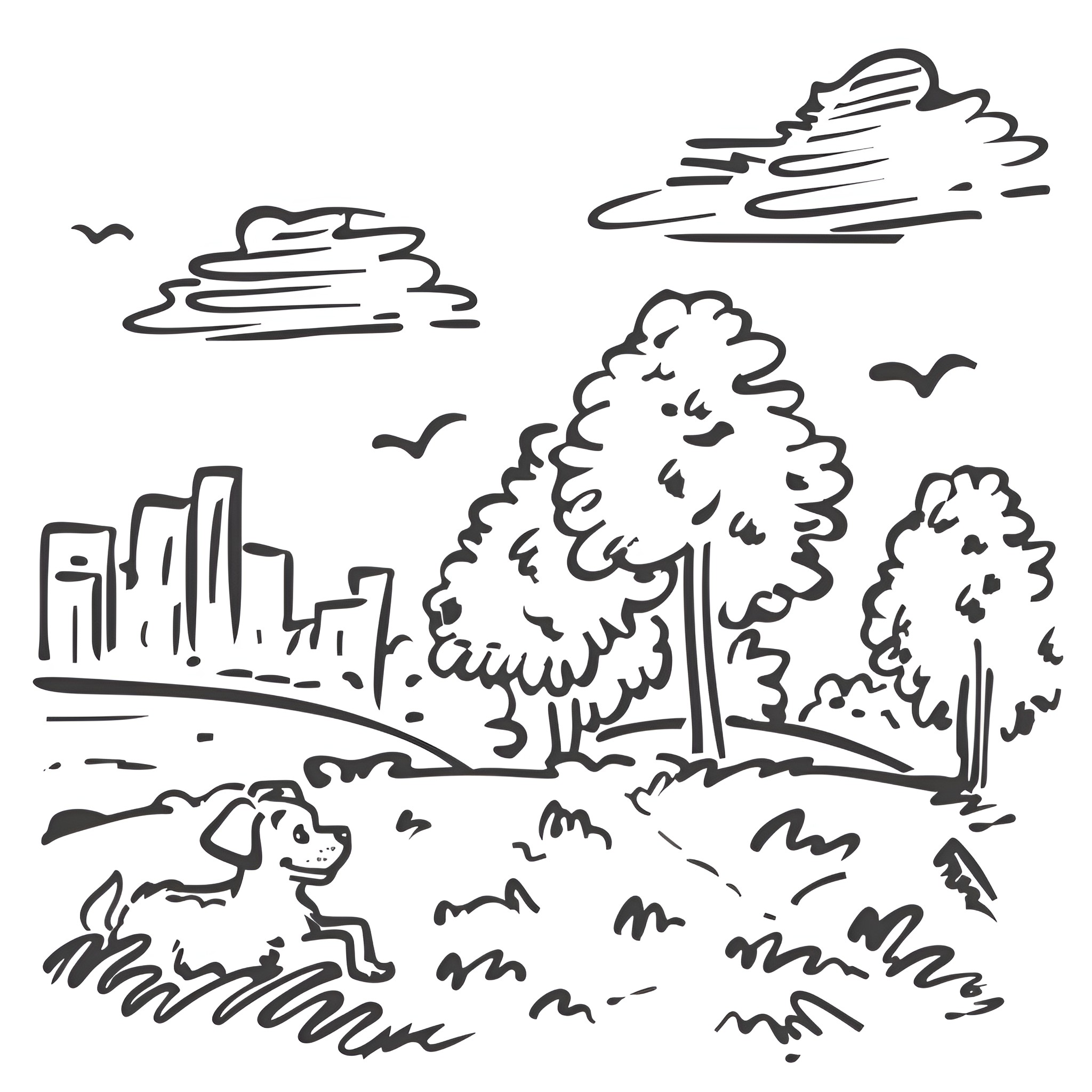 Easy Dog exploring outdoor scene Drawing Idea (free black-and-white line drawing printable PDF for all, from beginners to advanced learners, including children, teens, adults, and seniors)
