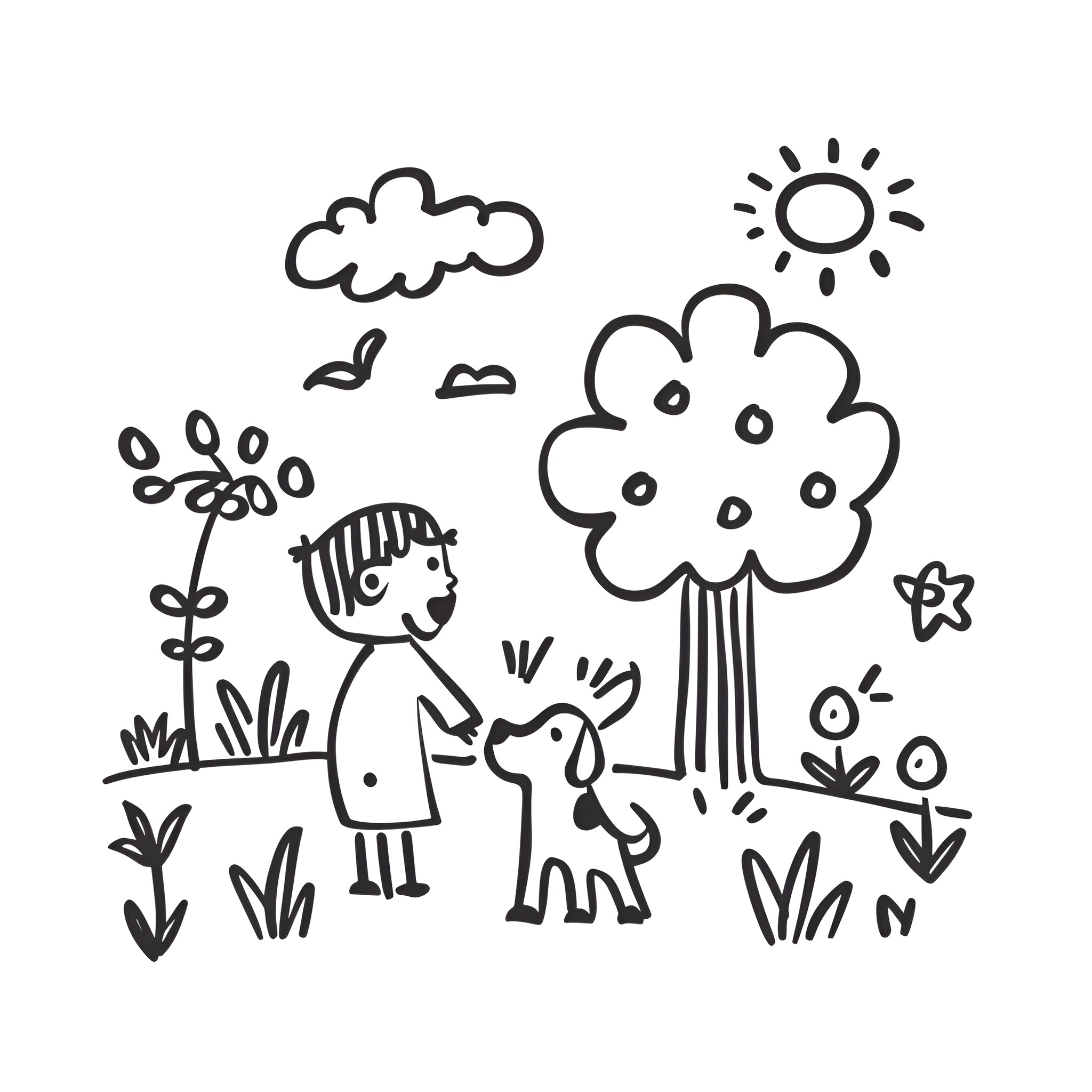 Easy Dog playing happily in nature Drawing Idea (free black-and-white line drawing printable PDF for all, from beginners to advanced learners, including children, teens, adults, and seniors)