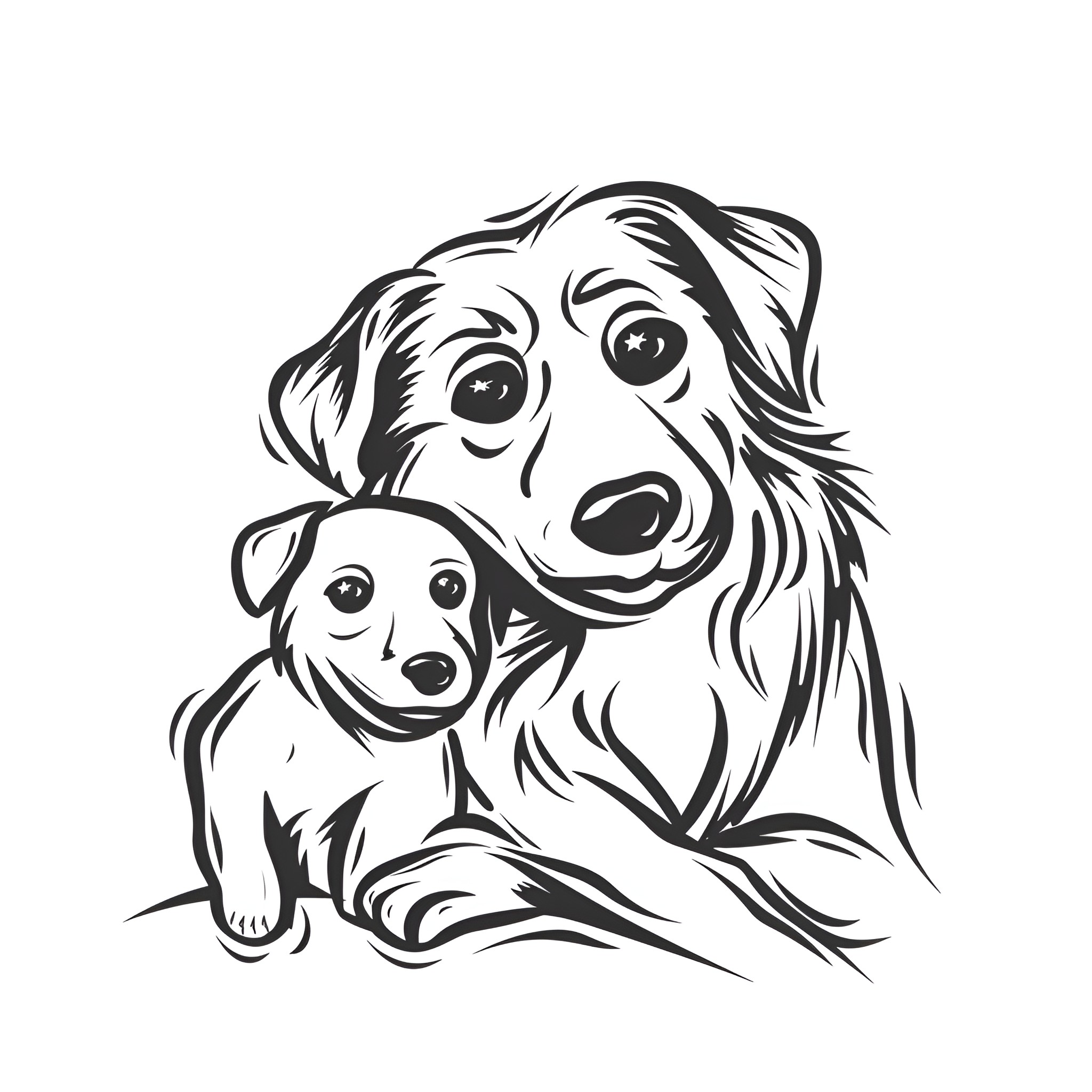 Easy Dog Pair Cuddles Affectionately Drawing Idea (free black-and-white line drawing printable PDF for all, from beginners to advanced learners, including children, teens, adults, and seniors)