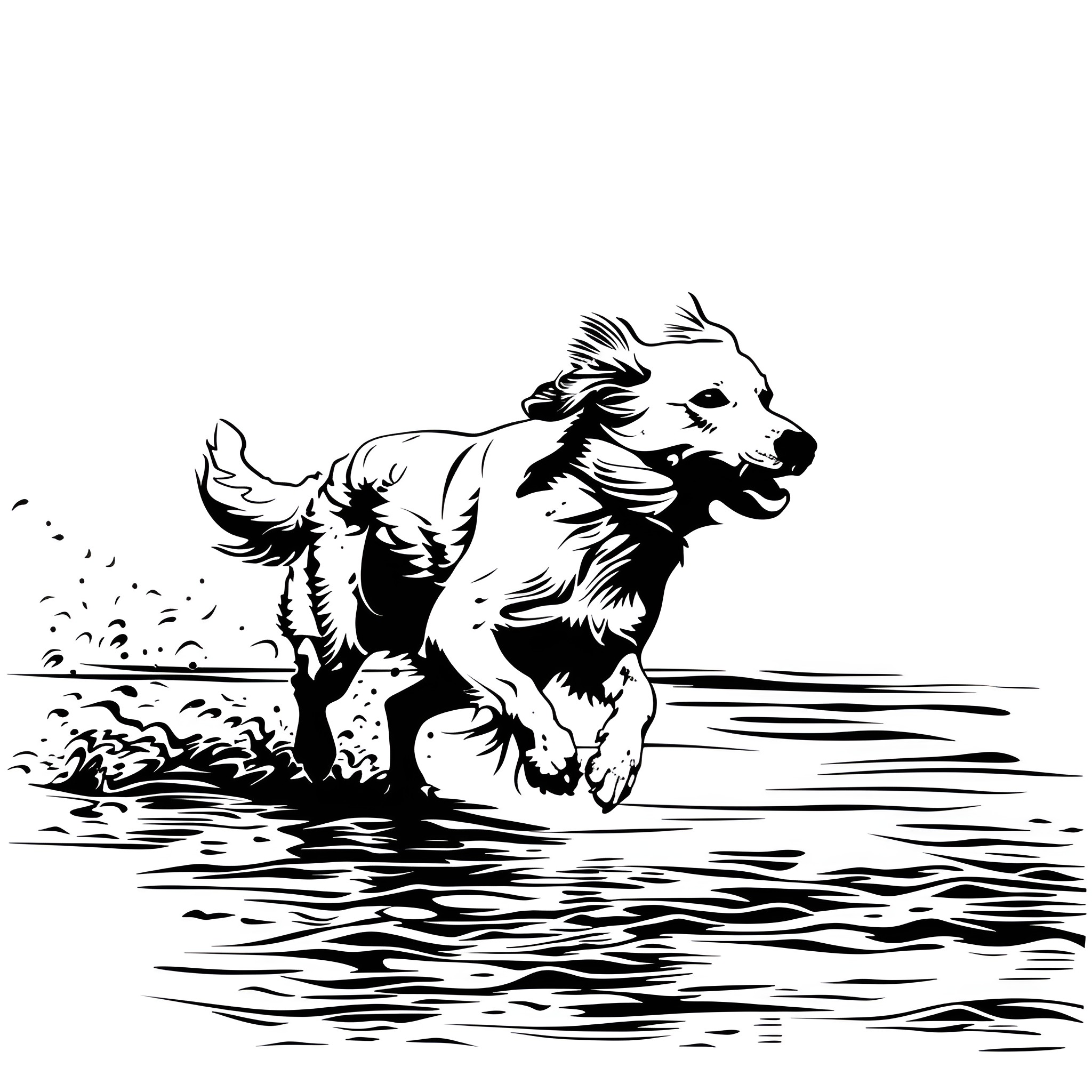 Easy Dog Running Through Water Drawing Idea (free black-and-white line drawing printable PDF for all, from beginners to advanced learners, including children, teens, adults, and seniors)