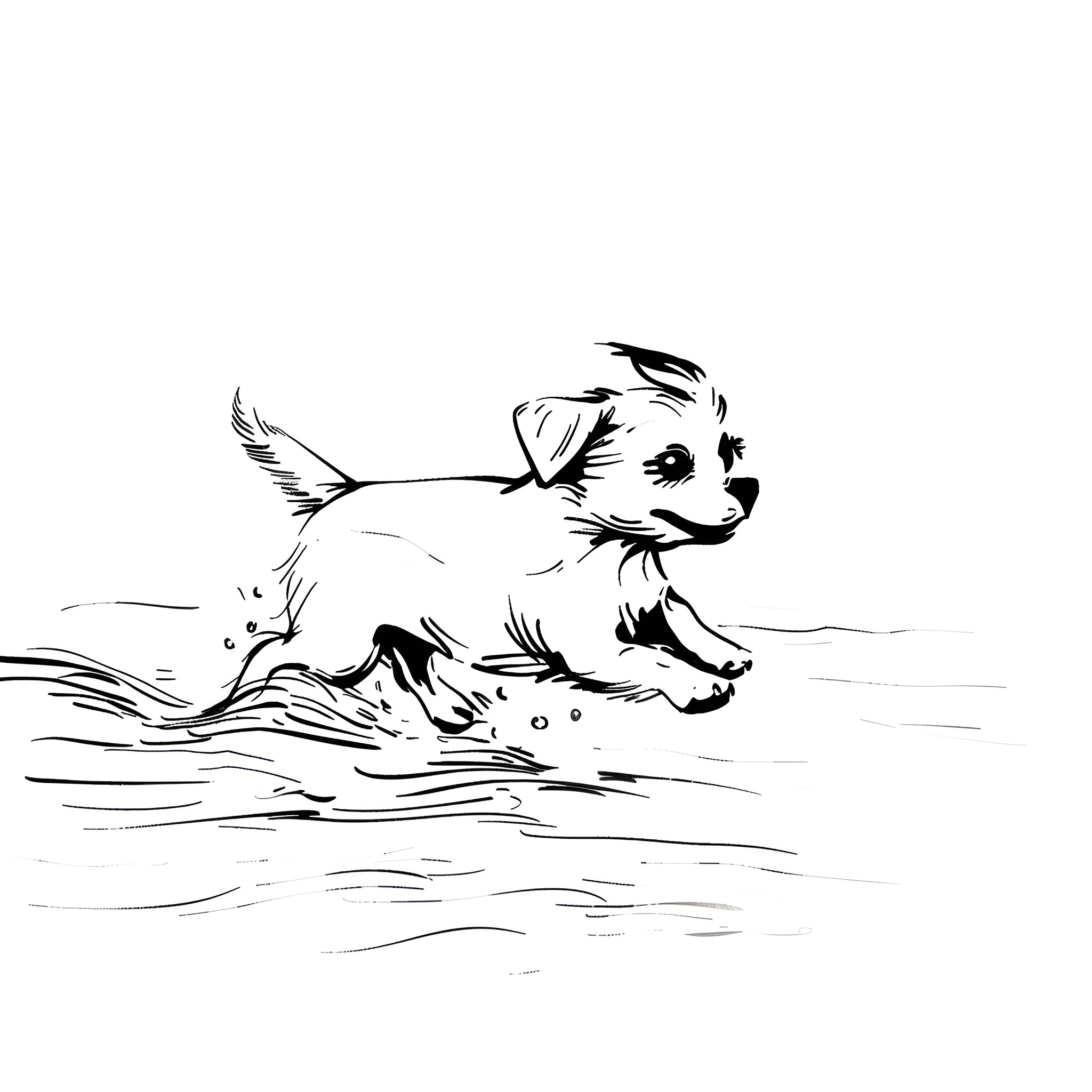 Easy Dog Splashing Through Water Drawing Idea (free black-and-white line drawing printable PDF for all, from beginners to advanced learners, including children, teens, adults, and seniors)