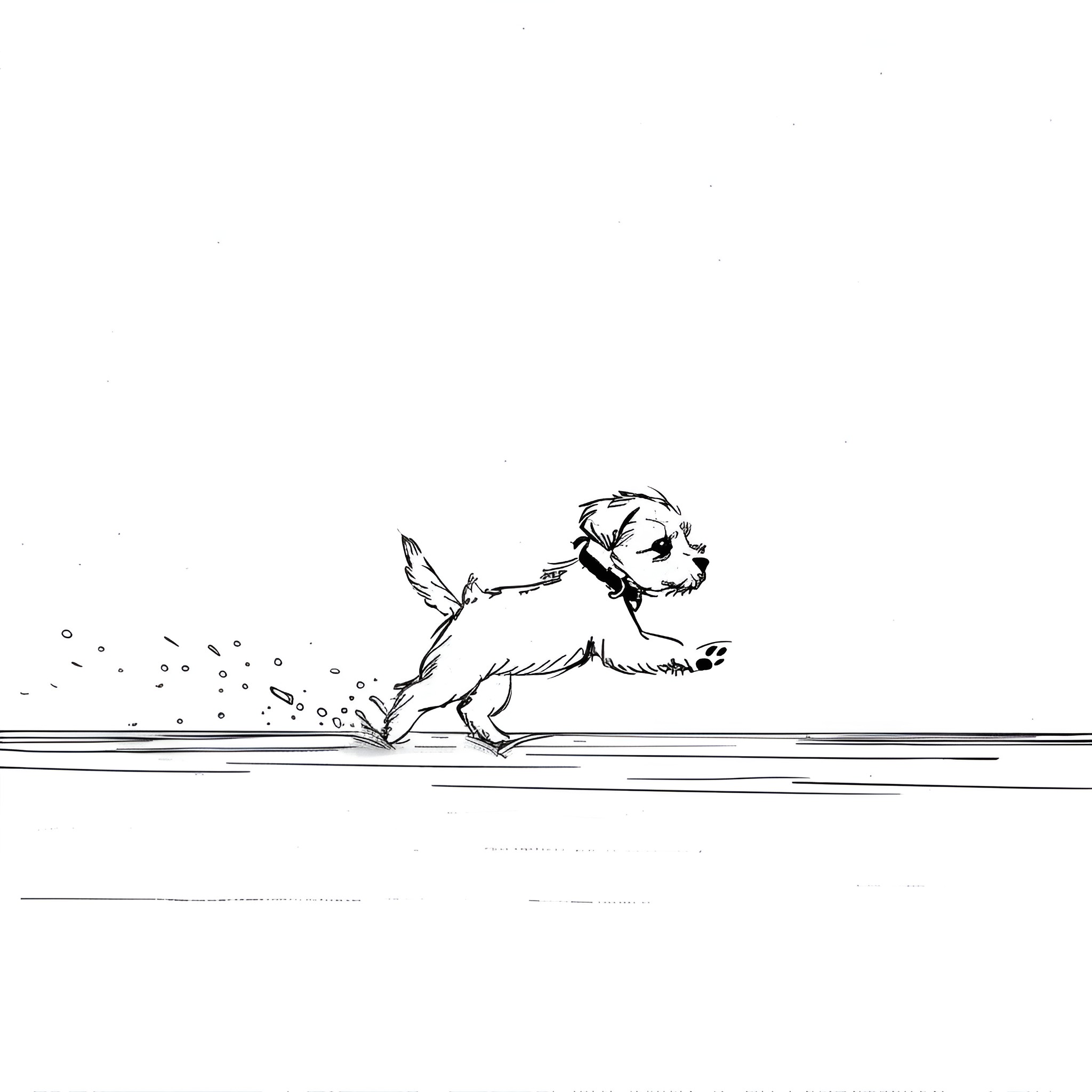 Easy Dog Happily Chasing Bubbles Drawing Idea (free black-and-white line drawing printable PDF for all, from beginners to advanced learners, including children, teens, adults, and seniors)