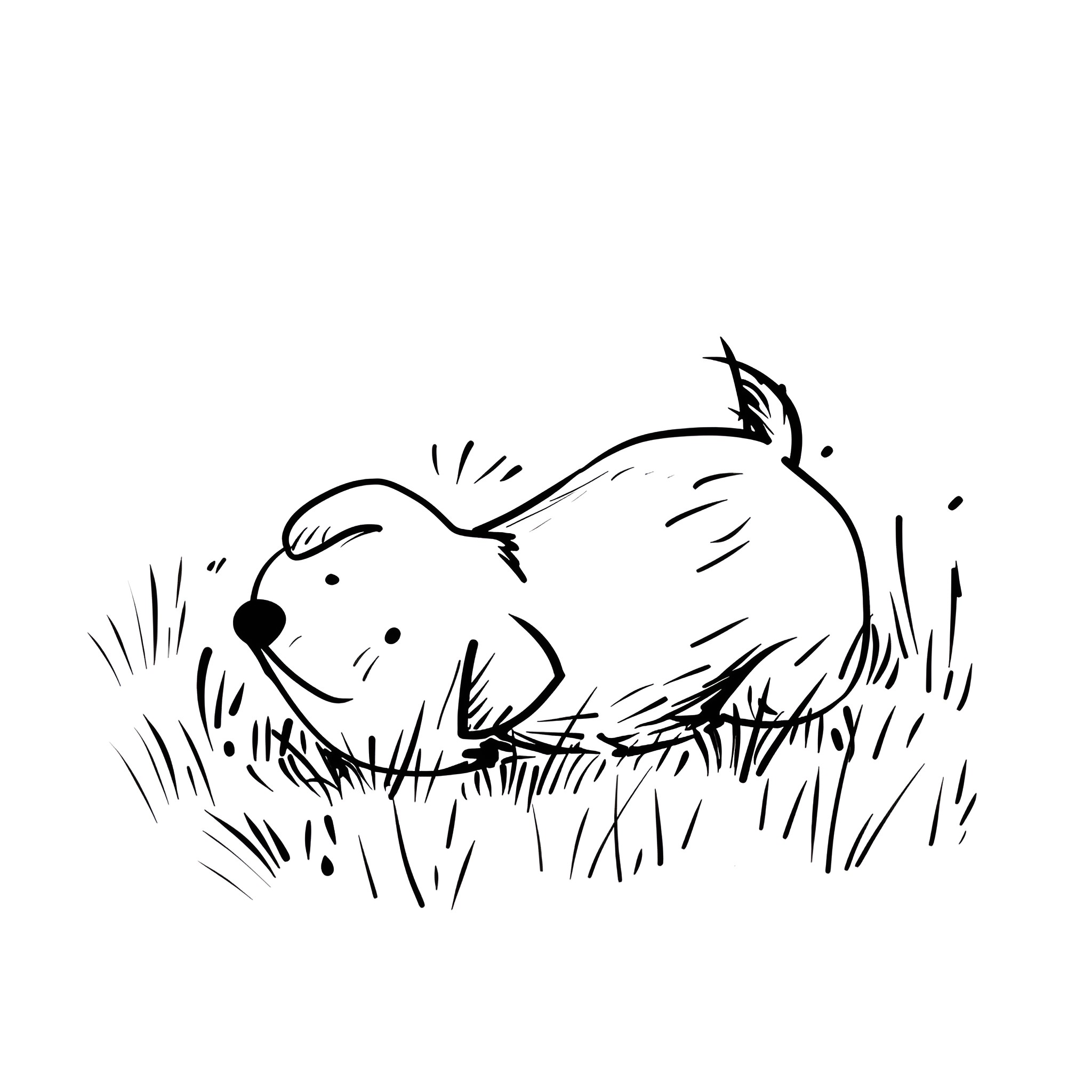 Easy Dog relaxing in grass Drawing Idea (free black-and-white line drawing printable PDF for all, from beginners to advanced learners, including children, teens, adults, and seniors)