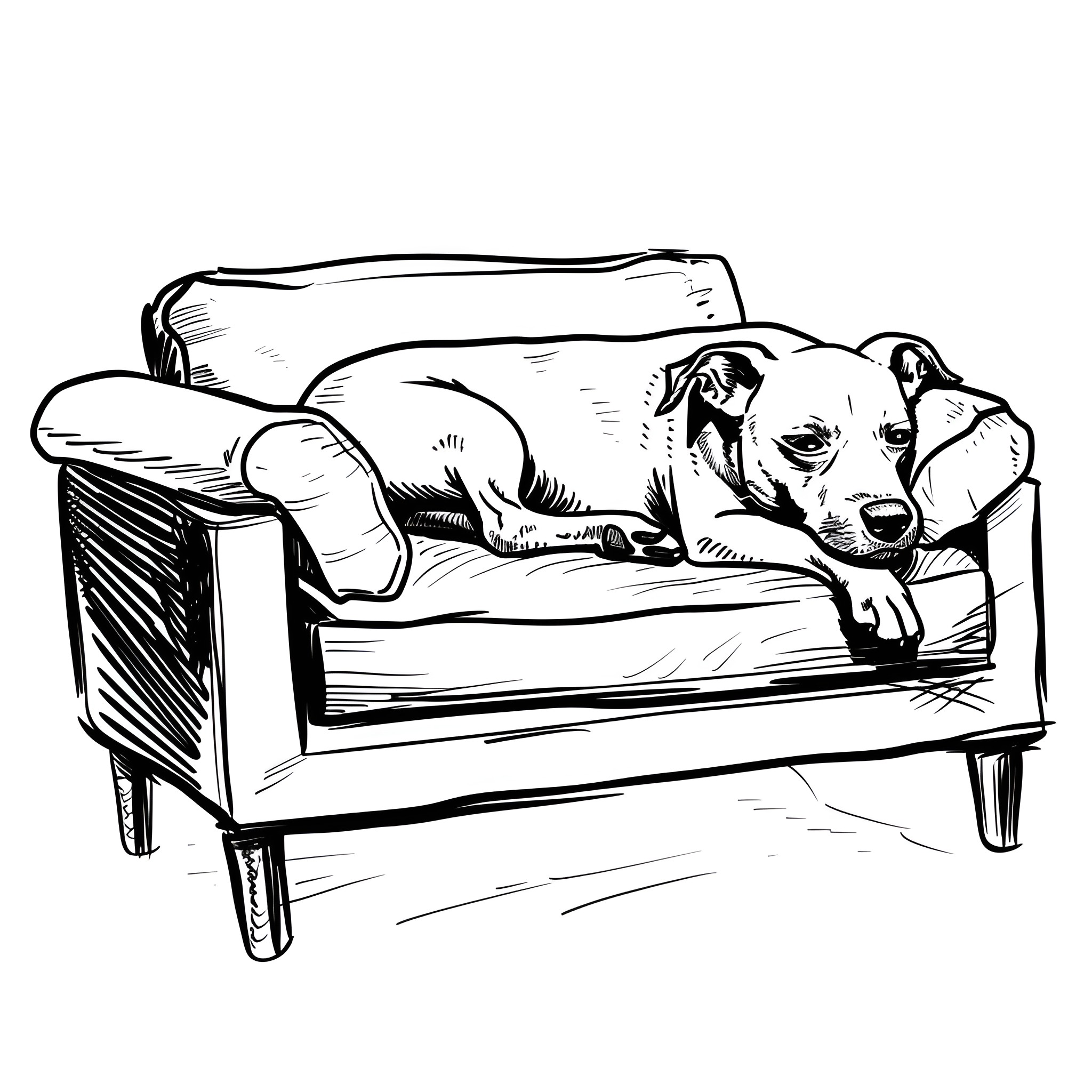 Easy Dog Relaxing on Couch Drawing Idea (free black-and-white line drawing printable PDF for all, from beginners to advanced learners, including children, teens, adults, and seniors)