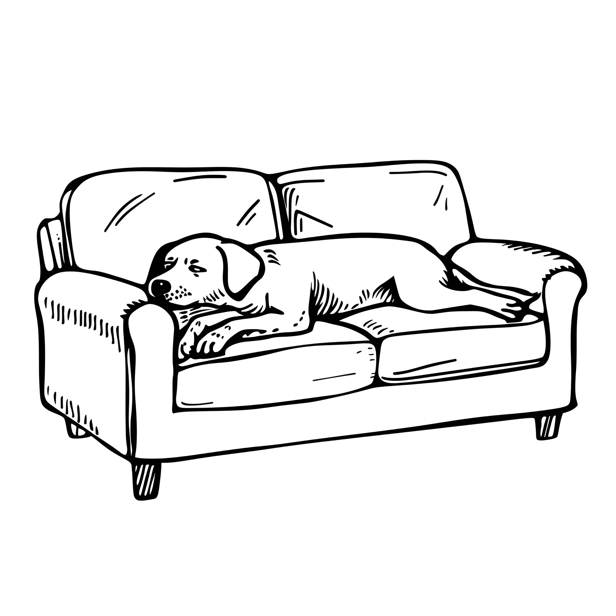 Easy Dog Napping on Couch Drawing Idea (free black-and-white line drawing printable PDF for all, from beginners to advanced learners, including children, teens, adults, and seniors)
