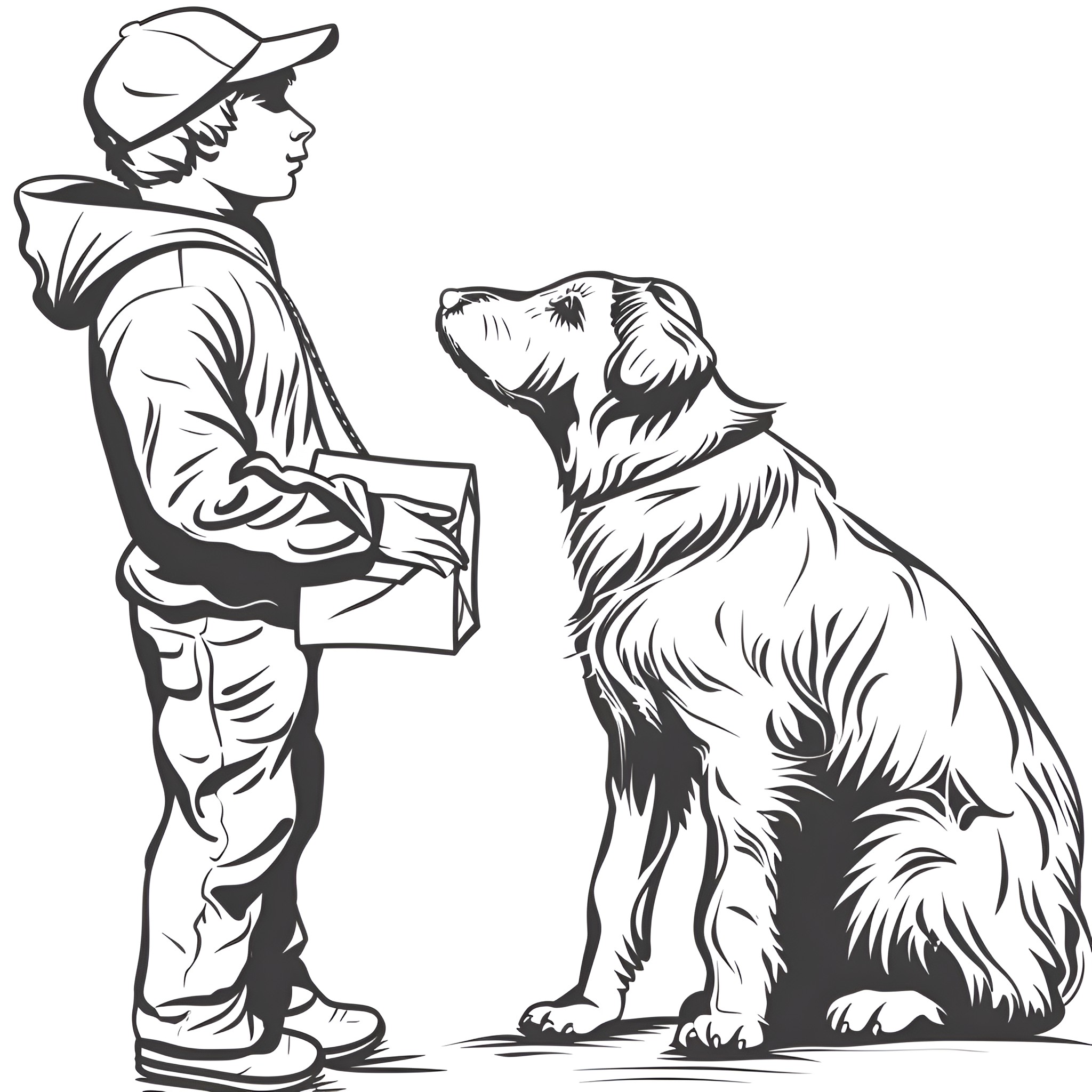Easy Dog Owner Petting Loyal Canine Companion Drawing Idea (free black-and-white line drawing printable PDF for all, from beginners to advanced learners, including children, teens, adults, and seniors)