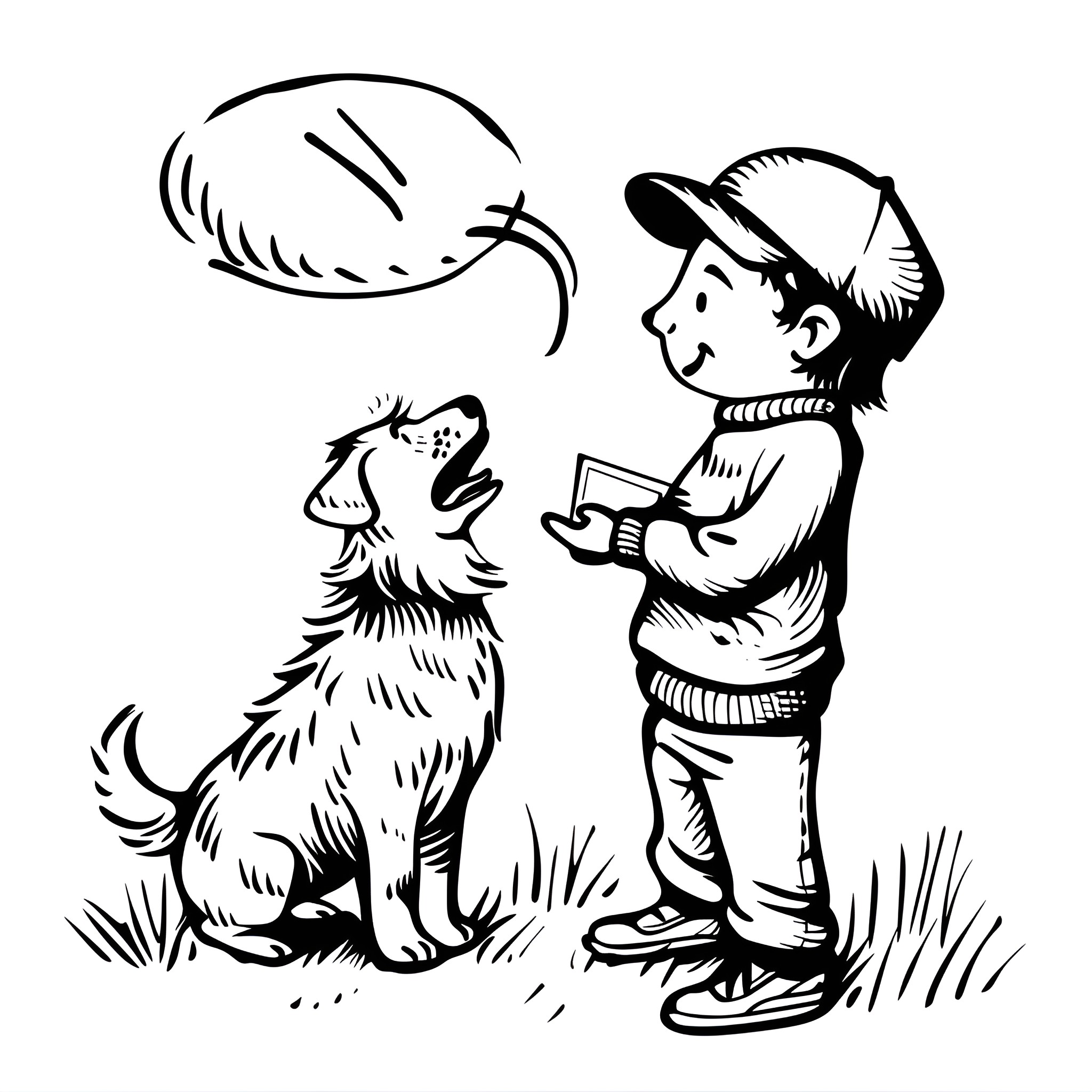 Easy Dog Playing with Owner Drawing Idea (free black-and-white line drawing printable PDF for all, from beginners to advanced learners, including children, teens, adults, and seniors)
