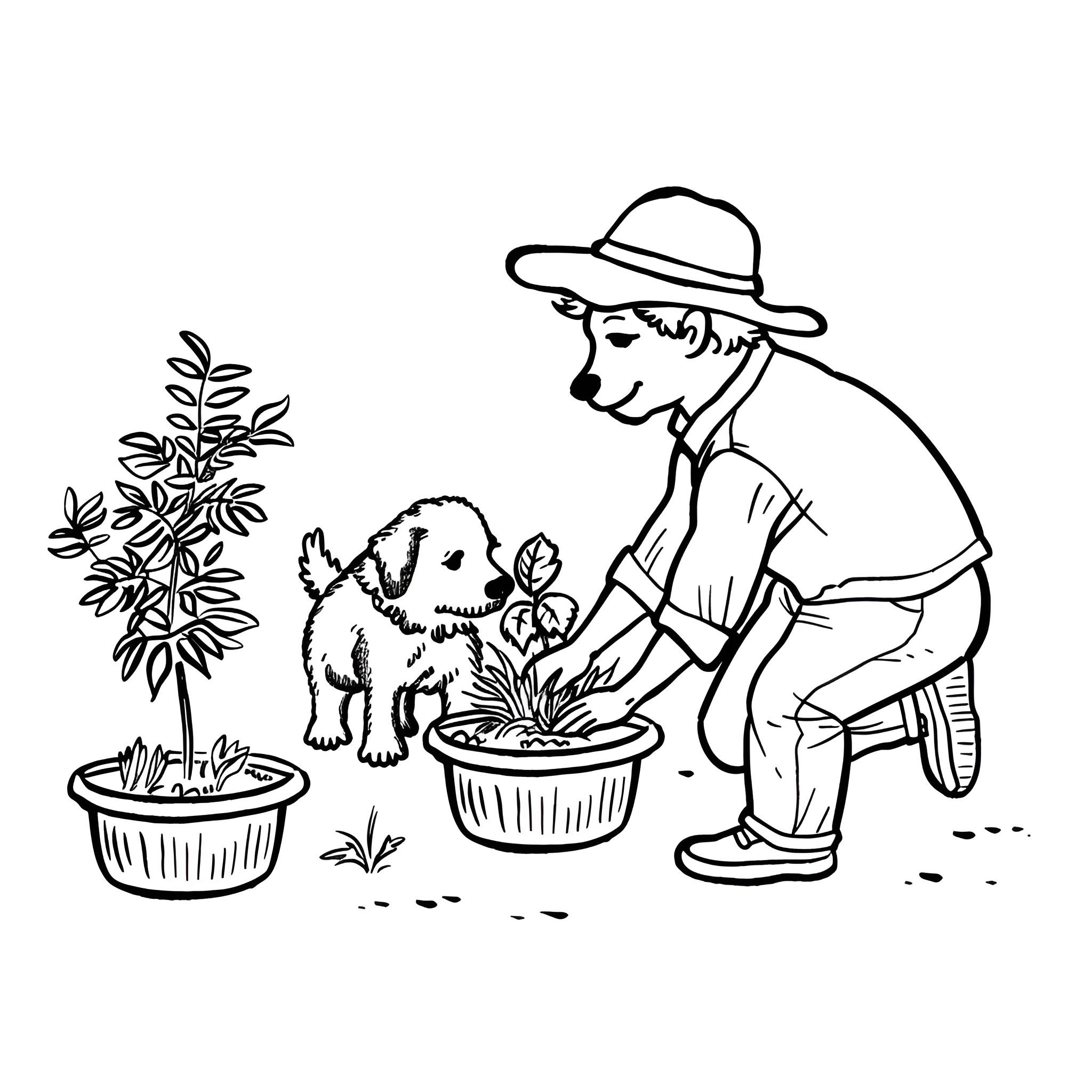 Easy Dog Caring with Gardener Drawing Idea (free black-and-white line drawing printable PDF for all, from beginners to advanced learners, including children, teens, adults, and seniors)