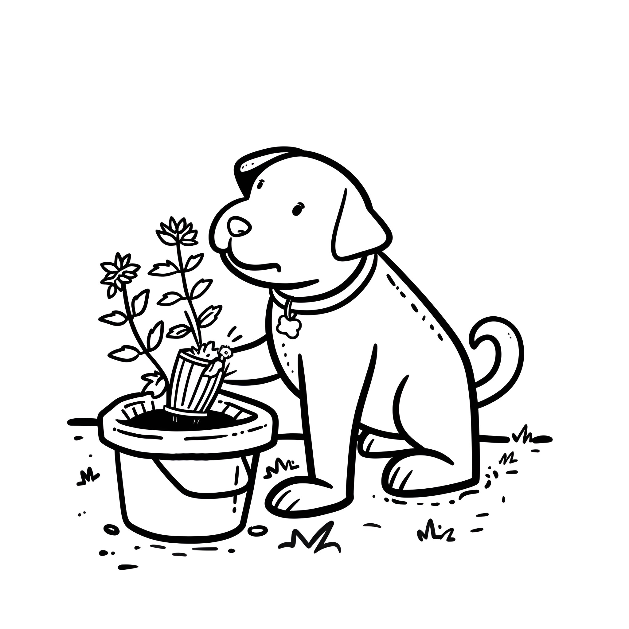 Easy Dog Planting Flowers in Pot Drawing Idea (free black-and-white line drawing printable PDF for all, from beginners to advanced learners, including children, teens, adults, and seniors)